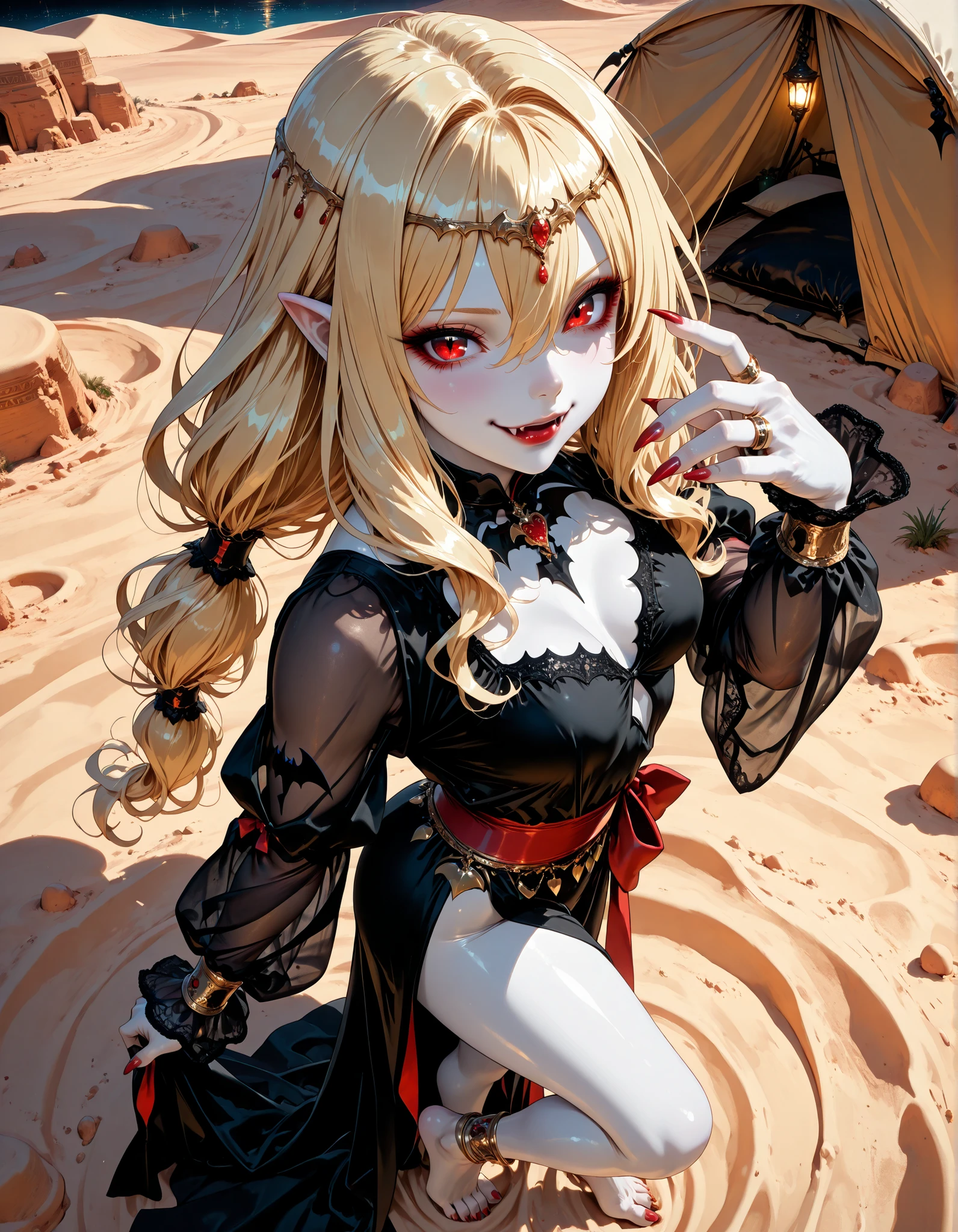Very High resolution,cute anime-style,masterpiece,best quality,amazing quality,hyper-detailed,very aesthetic,Solo,from side,from above,closeup shot,Desert at night,Oasis,Simple tent,A crimson moon reflected on the water's surface,A female vampire dancing quietly,Curvy,(white skin:1.3),Blonde hair,Wavy hair,Long hair,Hair rings,Multi-tied hair,Hair between eyes,A circlet with black cloth,Downcast eyes,Crimson eyes,Sidelong glance,(Vampire fangs protruding from between her lips:1.3),Dark red lipstick,A lonely smile,An Arabian-style dancer's black costume,See-through sleeves,(Long and pointed nails:1.2),Red nail polish,A crimson sash,Beautiful legs,Bare feet,(Long and pointed Toenails:1.2),Red Toenails polish