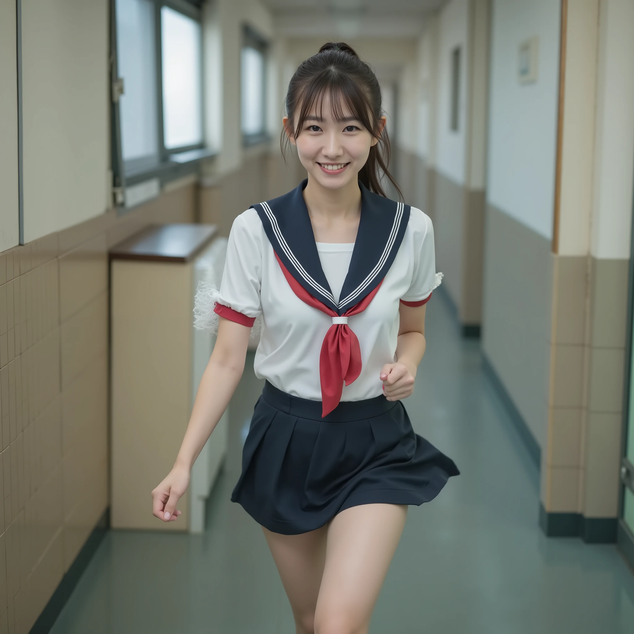 Highest quality realistic focus 16k resolution RAW photo, 白いクロップドsailor suit next to the eyeを着た、 Slender Japanese woman、 running down a school corridor escaping zombies, The background shows a zombie that has lost its head chasing her back a bit, The beautiful woman has super clear focus and the background is slightly blurry, Running for their lives, She has toned abs and a slim waist, tight thighs, perfect and beautiful face in light fog, Beautifully Shaped Breasts, ponytail, Wearing a sailor suit with a red scarf , I'm lifting my skirt a little, sailor suit, , sailor suit next to the eye,