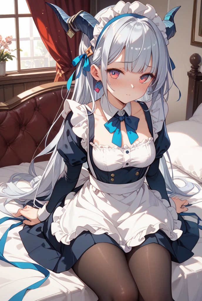 (Ultra-high resolution of the highest quality, masutepiece, Best Quality, 8K, Super Detail, Best Quality:1.3), 1 girl, large , drooping eyes, blush cheek, long twin tails, silver hair, smile, blue eyes, ribbons in hair, large frilled gown, tiara, blue sky, Europe castle, balcony, front view, sunshine, beautiful hair, cute face, cool