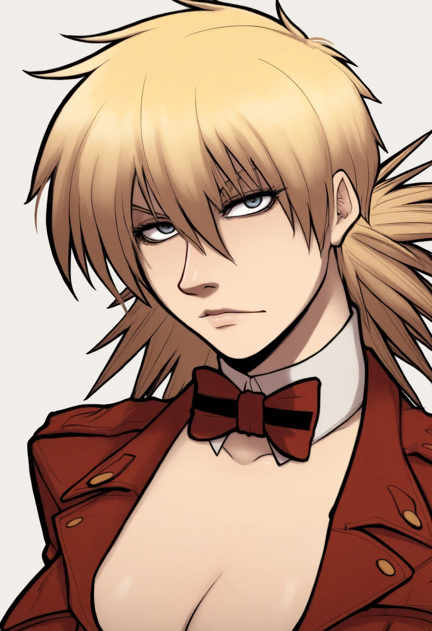 1girl, solo, white background, portrait, long sleeves, 
masterpiece, best quality,  ytrprm, seras victoria, hellsing, blonde, bowtie, looking at viewer, dominatrix, femdom, apathetic, mature, sexy, blonde hair, strip club