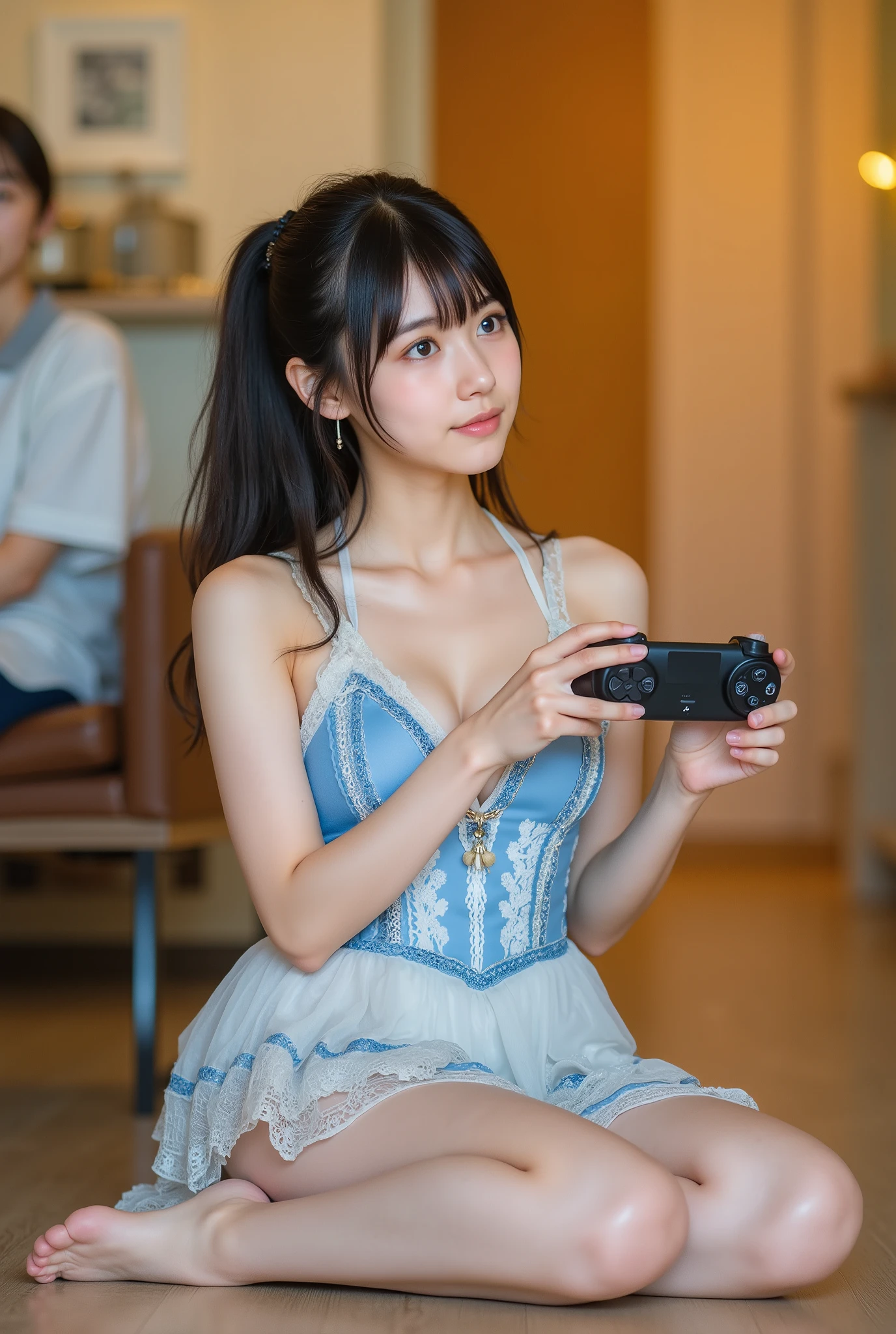 young japanese girl, Two friends, 1 person is playing a video game, Living Room, full body, Smile Yan, sitting on the floor, Barefoot, photorealistic, 16k, Super Detailed, realistic, bright colors, warm lighting, Cozy Atmosphere, natural skin tone, detailed facial features, high quality, hyper-realistic, a photo of a beutiful woman in short blue and white lace dress with see-through,