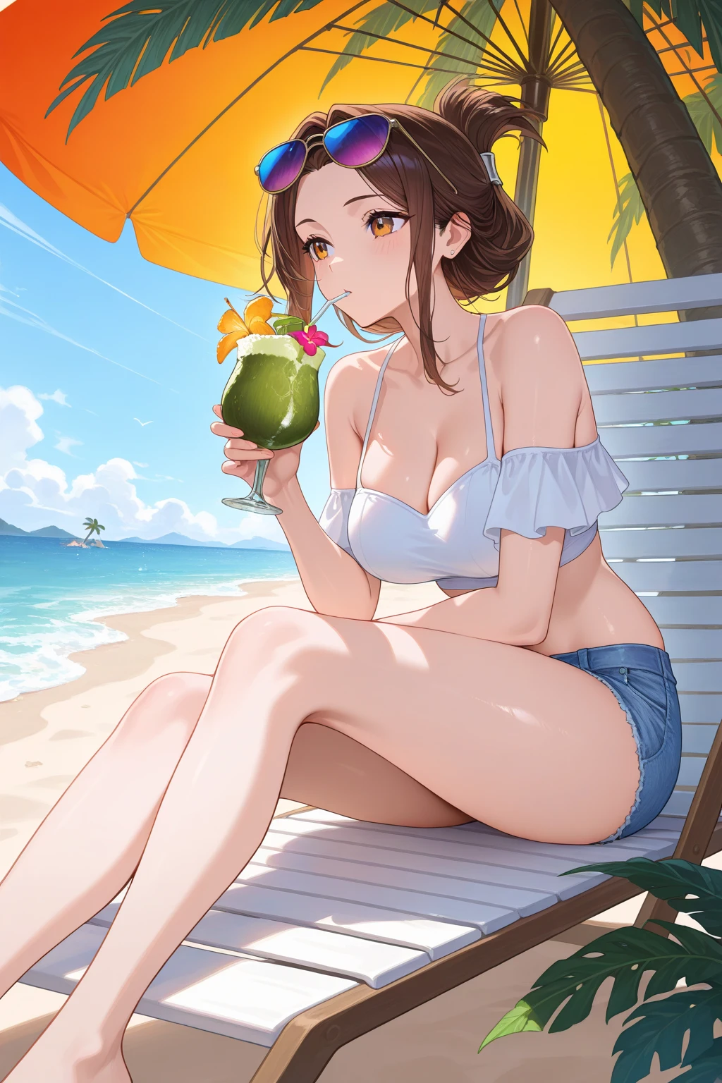 (bashful kaguya in a bikini,anime,illustration,vibrant colors,soft lighting,realistic,beach scenery)
(best quality,ultra-detailed,highres:1.2),kaguya's beautiful shy face,sparkling eyes,blushing cheeks,adorable smile,curly hair cascading down her back,silver hairpin catching the sunlight,fine details of her delicate features,natural-looking skin texture,smooth and flawless complexion,sun-kissed glow on her cheeks,glossy lips subtly parted with a hint of shyness
(kaguya:1.1) wearing a cute and modest bikini, (bashfully) trying to hide her curves with crossed arms, (half-submerged) in the crystal-clear turquoise waters of a tropical beach, (golden sand) softly sinking beneath her bare feet, (gentle waves) brushing against her ankles
(beach chair) covered with a vibrant beach towel, (floral patterns) adding a pop of color to the scene, (umbrella) casting a cool shadow over her, offering a respite from the scorching sun, (coconut drink) with an umbrella poking out, (sea shells) scattered around her, treasures she collected during her leisurely stroll along the shore
(white seagulls) soaring above, their graceful figures dotting the bright blue sky, (palm trees) swaying in the warm breeze, their emerald leaves rustling, providing a natural canopy and casting dappled shade on the sand, (beach balls) playfully bouncing around, adding a touch of fun and liveliness to the atmosphere
(background) a panoramic view of the endless ocean, (azure waters) merging with the clear sky at the horizon, (sailboats) sailing gracefully, their sails billowing in the wind, (spectacular sunset) painting the sky with hues of pink, orange, and purple, (seagulls) silhouetted against the fiery palette, creating a serene and captivating backdrop