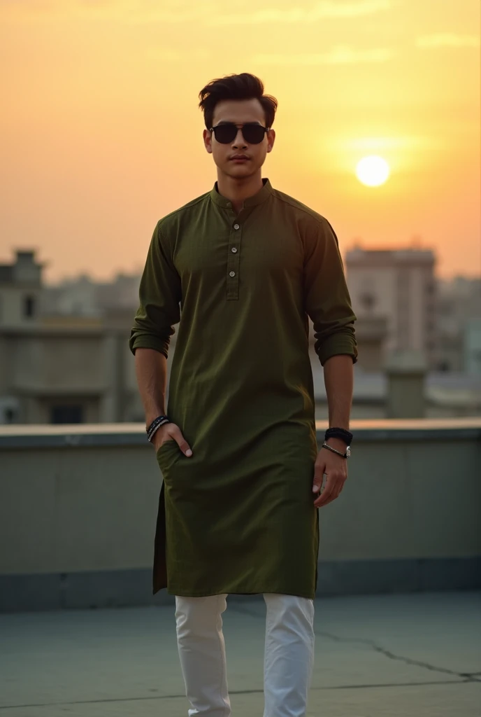arafed man in a green shirt and sunglasses standing on a sidewalk, wearing a kurta, khyzyl saleem, kyza saleem, riyahd cassiem, ash thorp khyzyl saleem, very very low quality picture, reyyan, mohamed chahin style, by Riza Abbasi, with lovely look, in sunny weather