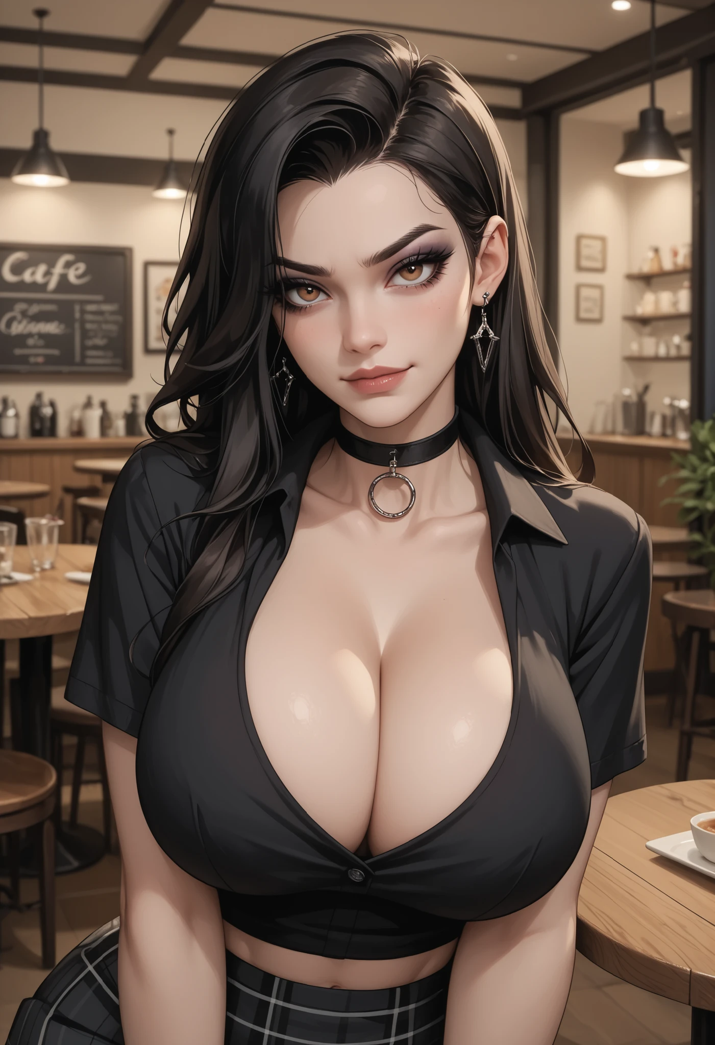 masterpiece, solo, goth, long black hair, pale skin, makeup, eyeshadow, choker, brown eyes, black shirt, cleavage, (), midriff, black plaid skirt, fishnets, smirk, cafe background, nervous, playing her hair
