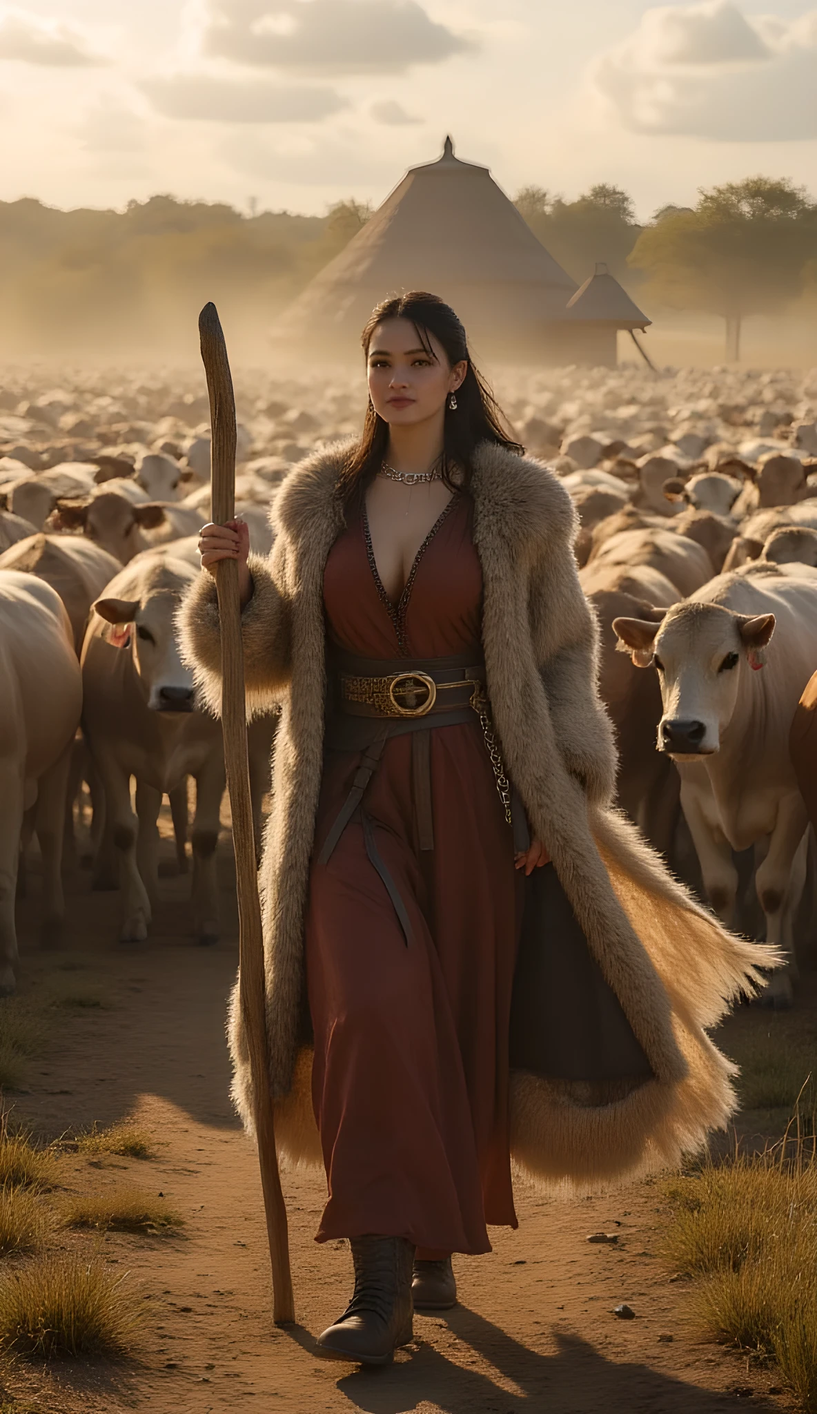 Ancient prehistoric age era,
Stone civilization age era,
((Realistic cinematography ultra wide depth intense stunning lots of realistically ultra-detailed sheeps herd angle of scenery)),,the detailed of an Eurasian female herder herding a lot of cows,intricately cows,herding the cows,holding a wooden staff, (within densely ultra intricately cows on the foreground),(nomads community),((a nomads tribe)),wearing fully coverage long fur primitively fabric long tunic and long coat primitive wardrobe robe dress,,,(perfectly depth symmetrically curvy, and busty body shapely),(cinematic dynamically camera widely angle scenery:accurately depicted:1.3),the lively prehistoric savana depicting scenery,afternoon,realistically full depth,(cinematography dynamic angle|hyperrealistic:realistic scenery:3d texture over the scenery),autumn season,best videography angle,hdr,golden hour, (cinematography vibe),primitive wardrobe,(dynamic image composition),(octane 3d rendering|50mm lens shot:1.3),(lifelike skin texture:lifelike hairs:realism),(best rule of third photography composition),(best image aperture),(full details depth of field),(best shutter speed),(RAW photo image),(photorealistic|photorealism:hyperrealism style),(realistic depth 3d:cgi:1.3),(trending on cgsociety:devianart:unreal engine 5),,(best photography:national Geographic style), solarPunkAi and greenPunkAi artwork, digital art,best lighting concept,(realistic intricately fixed truly fully human's anatomy body+hands+and+fingers anatomical),natural motion,inspired by farcry5 game artwork.