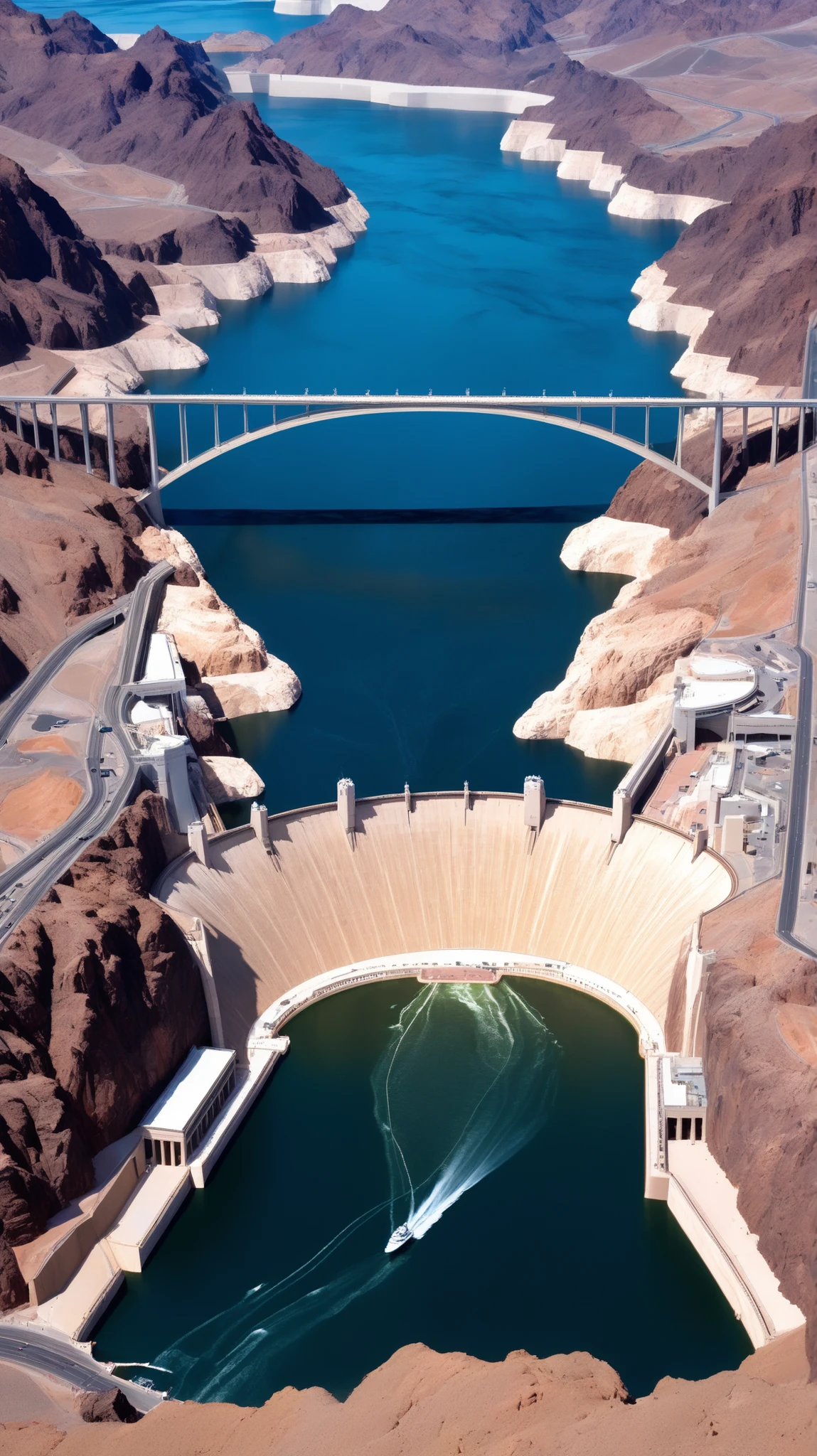 high-definition images、Nevada、Hoover Dam、Image taken from above、dammed the Colorado River、Lake Made was formed from stored water、fish at Lake Maid, jet ski, wait. You can、Spectacular dam exterior、
