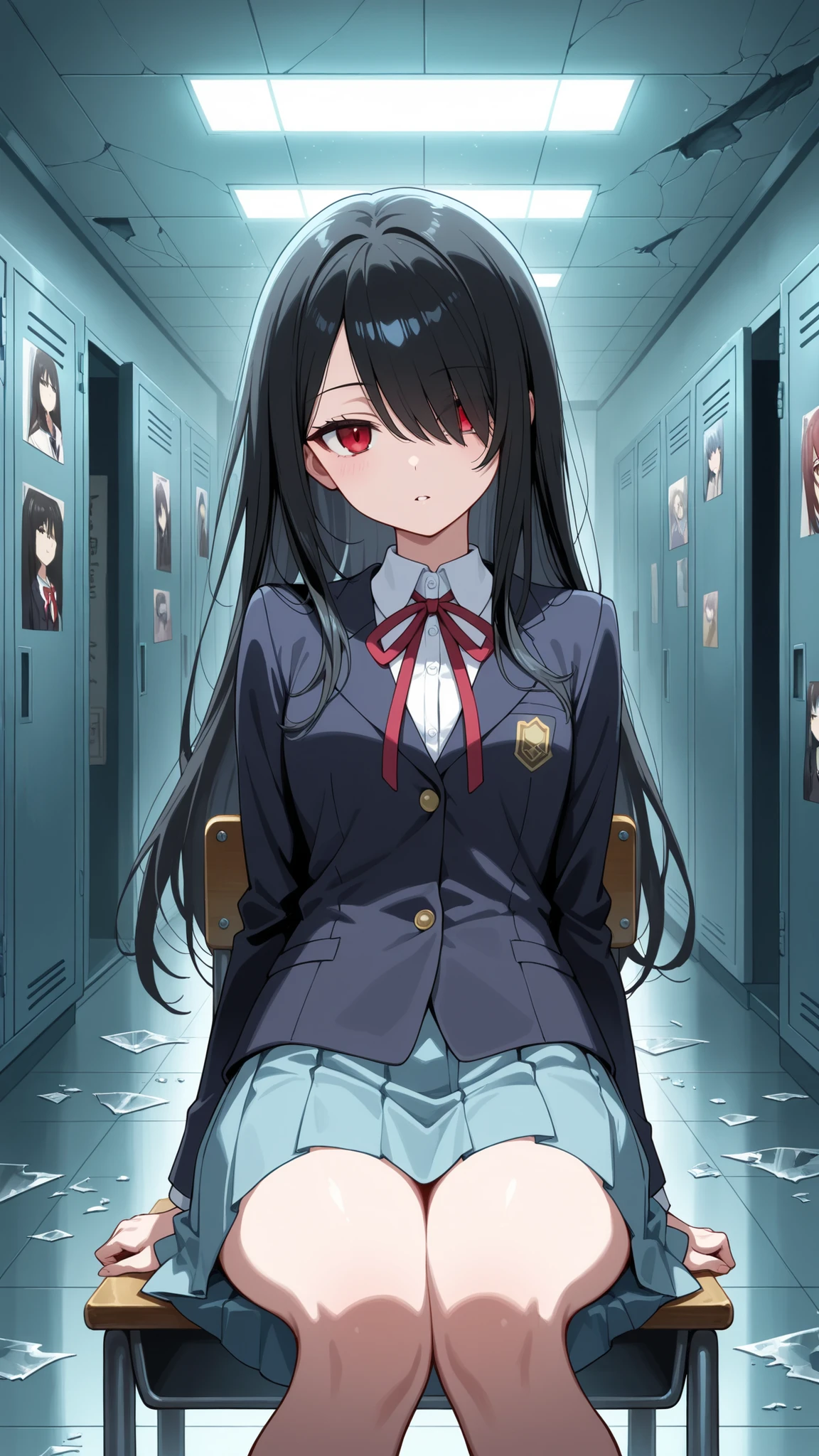 BREAK (masterpiece:1.2), best quality, high resolution, unity 8k wallpaper, (illustration:0.8),Dark abandoned school corridor, long hallway with broken windows and shattered glass on the floor, peeling paint on the walls, flickering ceiling lights casting eerie shadows, old posters hanging torn and faded, lockers dented and rusty, atmosphere of silence and dread, cinematic horror mood, ultra-detailed environment, 8K digital painting, masterpiece concept art,no people,kurumi tokisaki school uniform, long hair, skirt, black hair, red eyes, long sleeves, ribbon, school uniform, jacket, pleated skirt,hair over one eye, blue skirt, blazer,black blazer,looking at viewer,portrait shot,portrait,close up,seductive expression,arched back,sitting sensually, suggestive posture, leaning back with hands behind,