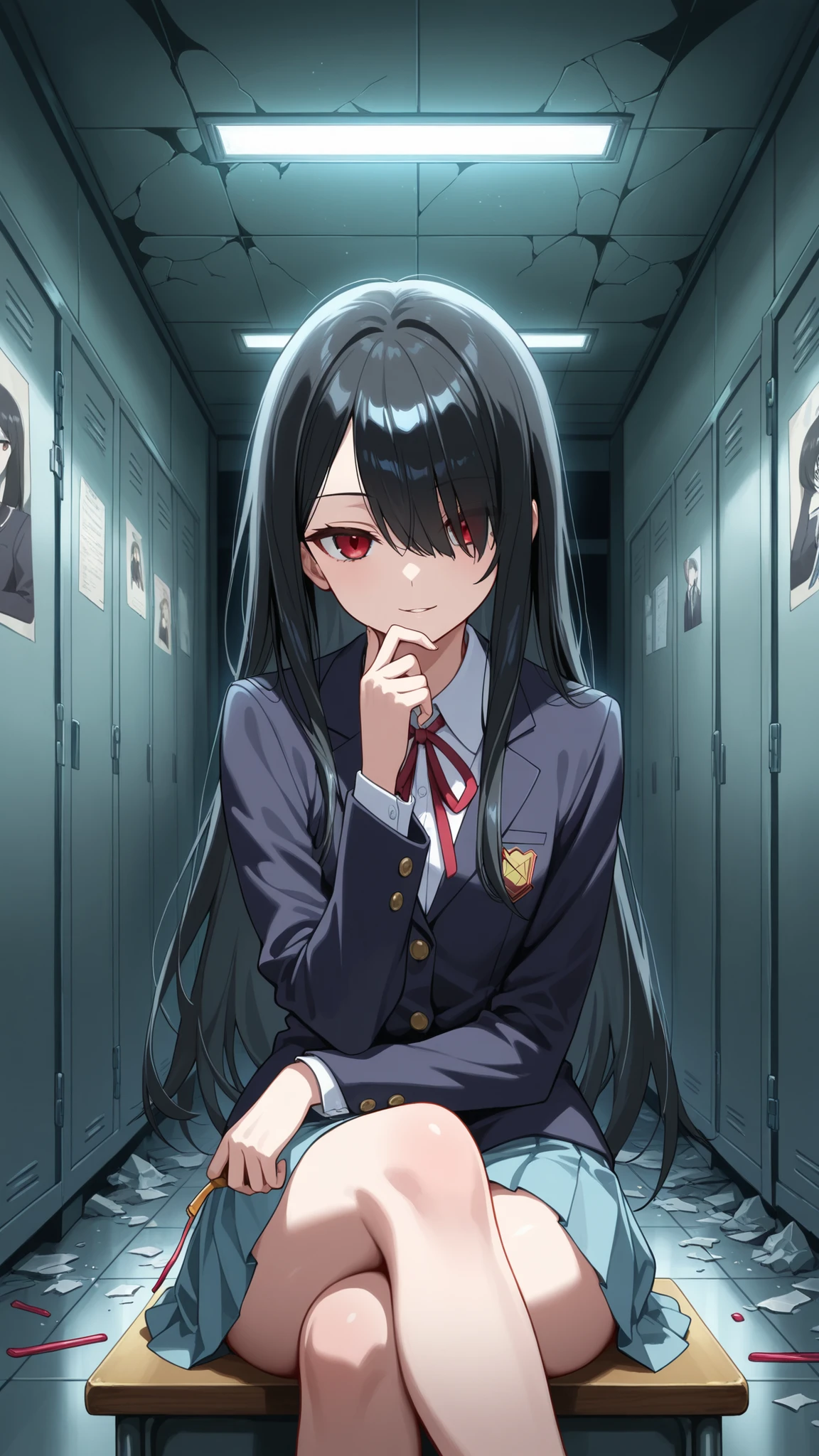 BREAK (masterpiece:1.2), best quality, high resolution, unity 8k wallpaper, (illustration:0.8),Dark abandoned school corridor, long hallway with broken windows and shattered glass on the floor, peeling paint on the walls, flickering ceiling lights casting eerie shadows, old posters hanging torn and faded, lockers dented and rusty, atmosphere of silence and dread, cinematic horror mood, ultra-detailed environment, 8K digital painting, masterpiece concept art,no people,kurumi tokisaki school uniform, long hair, skirt, black hair, red eyes, long sleeves, ribbon, school uniform, jacket, pleated skirt,hair over one eye, blue skirt, blazer,black blazer,looking at viewer,portrait shot,portrait,close up,seductive expression,arched back,sitting gracefully, seductive pose, crossed legs, slightly arched back, soft gaze, detailed curves