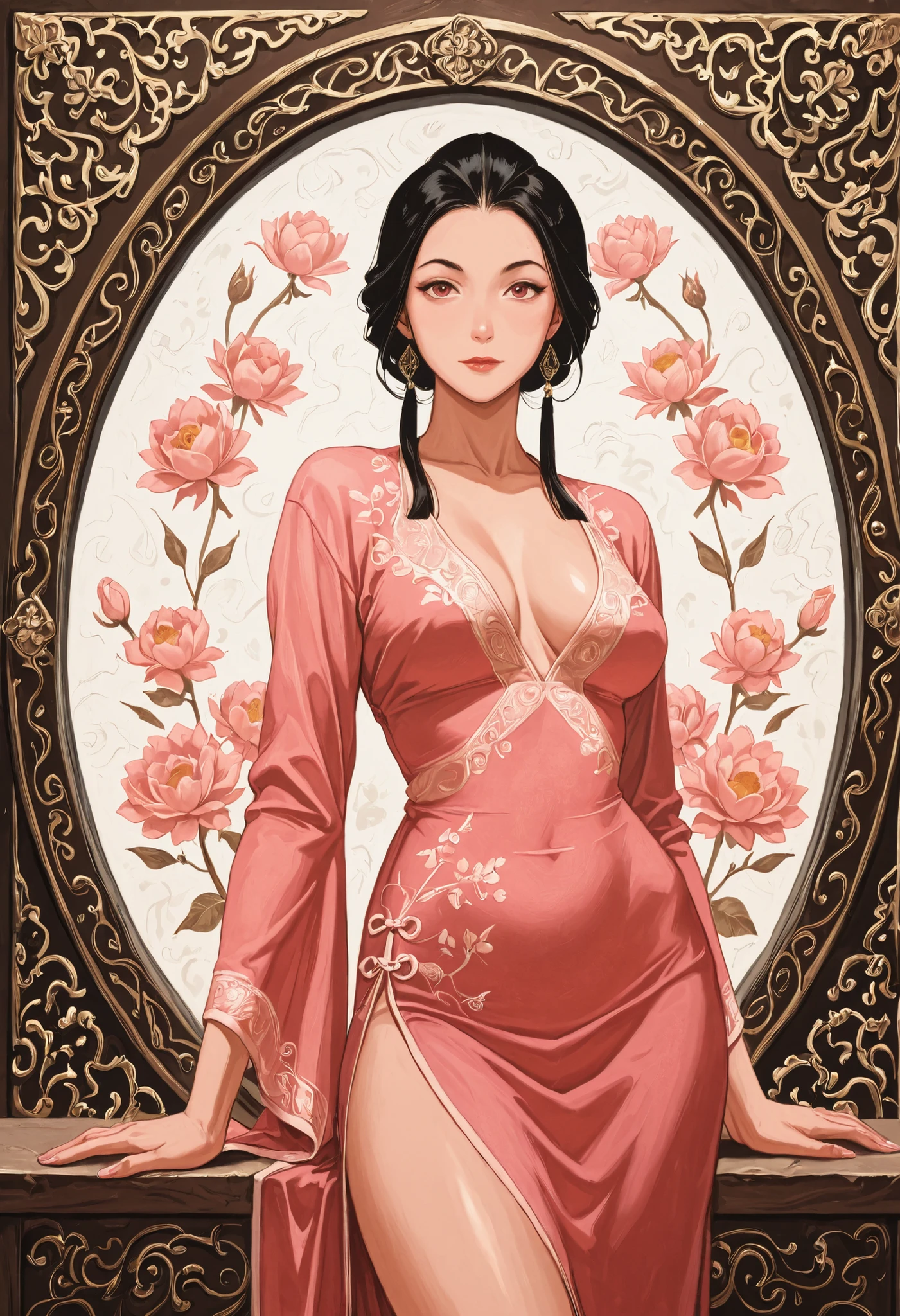 Anime source, (masterpiece), best quality, Anime illustration, stylized, pulp art, beautiful composition, NSFW, Best quality, High quality, Detailed, High resolution, 8k, Ultra high res, Beautiful chinese woman, in a silk white and pink dress , alone, chinese mountains background , (intricatedetails), (UHD 8K), (detailedeyes),