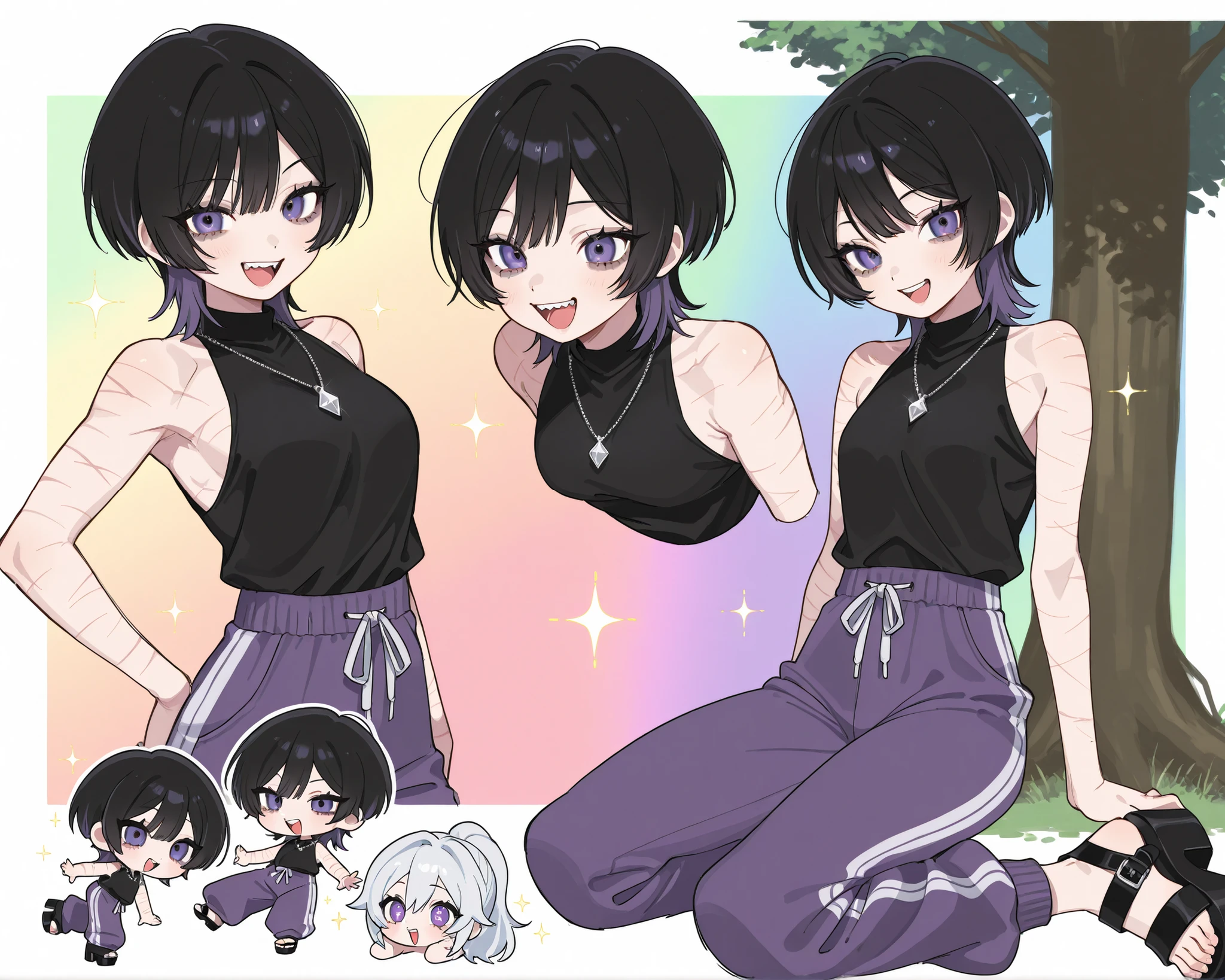 one girl、adult older sister、Composition showing the whole body、dynamic pose、dark haired、The hairstyle is unkempt 、wolf cut hair with a long neckline、The neckline is purple、purple inner color、bangs are straight、Purple Eyes、black plain sleeveless top、silver heart necklace、purple sweatpants、Black platform sandals with tree eyes、long eyelashes and lower lashes、handsome guys、smiling with open mouth、double teeth、white swirl highlights in the eyes、Bust is average、under the eyes、 has a rainbow color background、sparkling effect、best quality、lots of scars on her arm、cute pose、character design plan、sketch