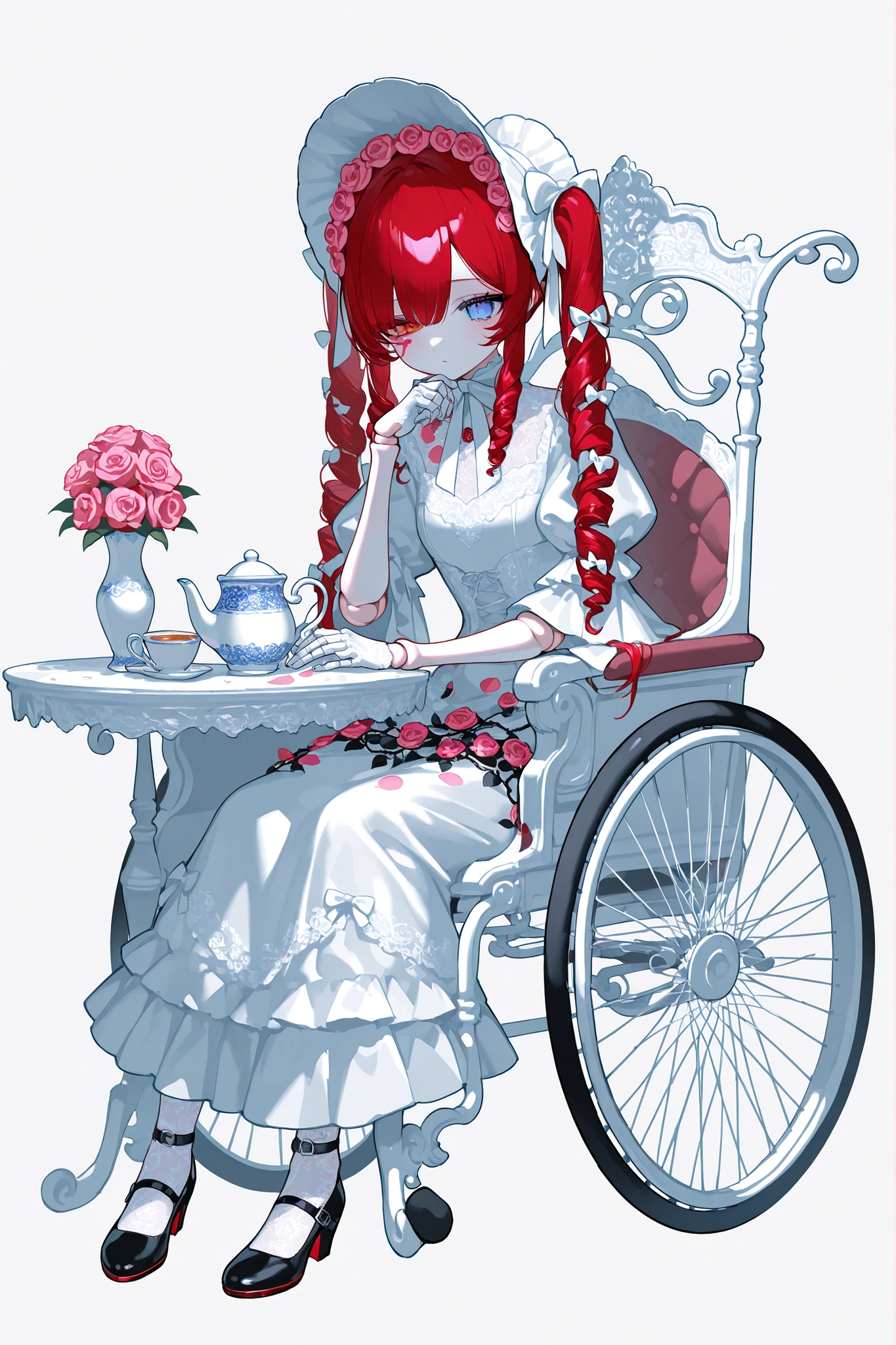 (xxx667_illu,doll joints,) Alive doll-girl, petite vintage cute porcelain articulated doll. Her body is made of white porcelain and  joints of her limbs are doll-like hinges. There's a crack marks on her porcelain face. She has scarlet red kinky hair is styled in two ringlets pigtails. She has heterochromia(one eye is blue the other eye is yellow). She wearing snow-white long lace puffy Lolita's dress with bows and  pink roses, lace stockings with garters , mary jane shoes with bows. she wearing silk lace white gloves. She wears a snow-white  bonnet with pink roses and bows on her head. She has bandages on her hips. She is sitting. (On The Background: Dollhouse with rose garden and gazebo. inside a vintage wheelchair, and table with a cups with tea, a teapot, a vase with roses on it.)
