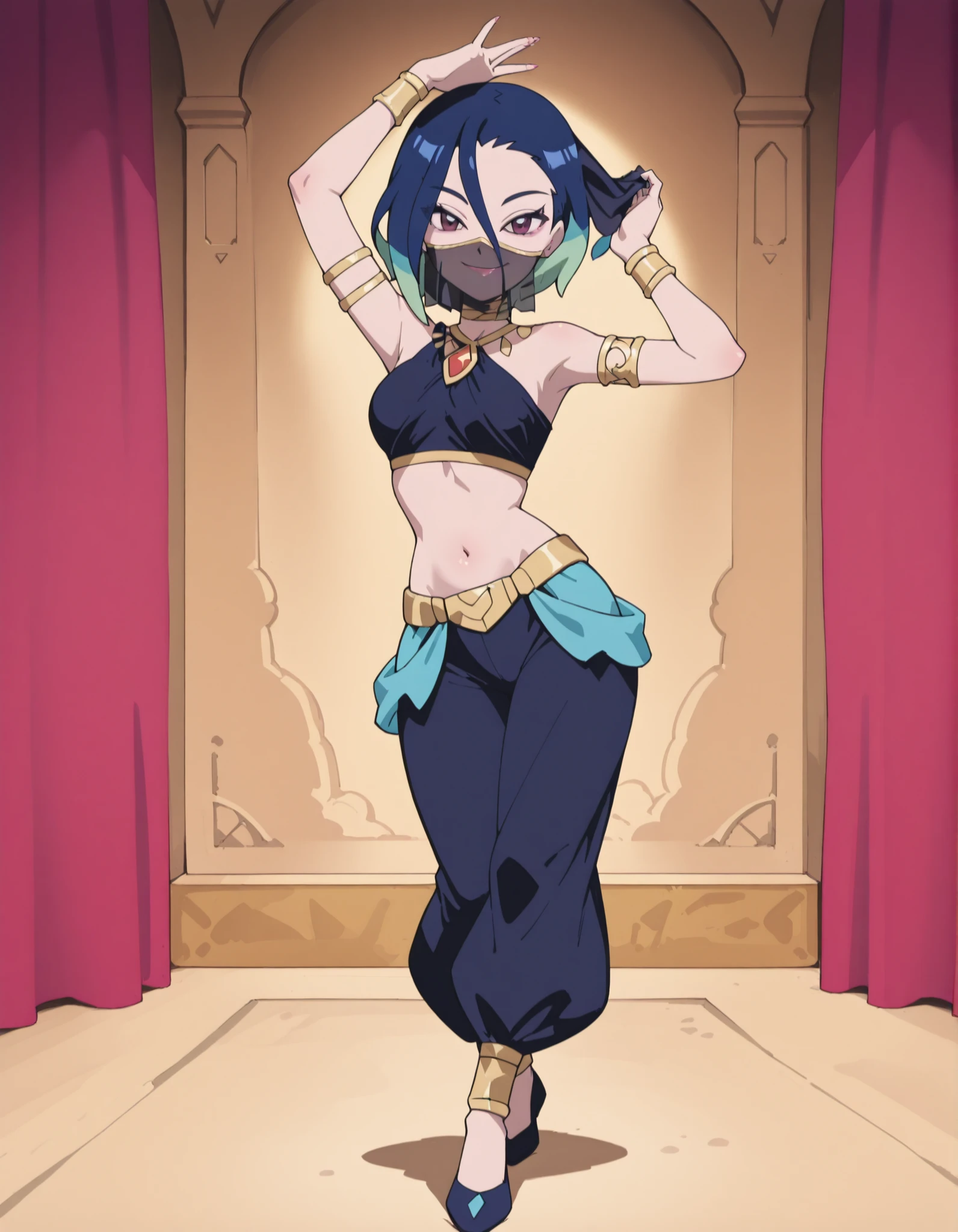 (1girl:1 . 5) , (Seul:1 . 5) , score_9 , score_8_haut , score_7_haut , source_anime , Official work , ultra-detailed , masterpiece , best quality , high resolution , beaux yeux , detailed eyes , Detailed face , beautiful detailed eyes ,Pokemon Horizons, Perrin,Arabian Clothes , Arabian Dancer ,belly dancer costume ,full body,golden jewelery,mouth veil,armlet, belly dancing,arabian theater,seductive smile, dancing with veil, dynamic movement,dance posture, pose