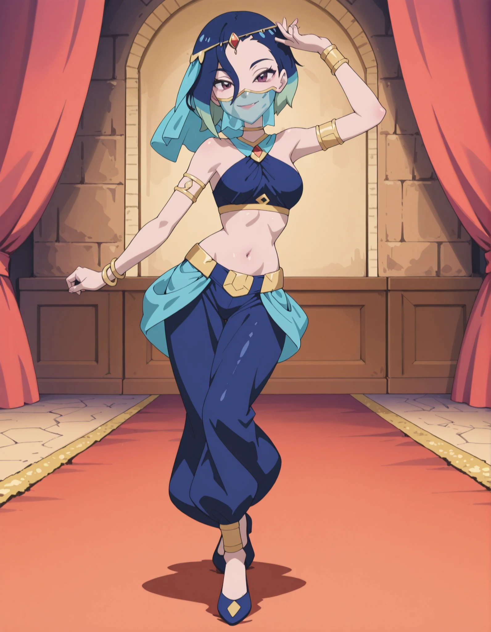 (1girl:1 . 5) , (Seul:1 . 5) , score_9 , score_8_haut , score_7_haut , source_anime , Official work , ultra-detailed , masterpiece , best quality , high resolution , beaux yeux , detailed eyes , Detailed face , beautiful detailed eyes ,Pokemon Horizons, Perrin,Arabian Clothes , Arabian Dancer ,belly dancer costume ,full body,golden jewelery,mouth veil,armlet, belly dancing,arabian theater,seductive smile, dancing with veil, dynamic movement,dance posture, pose
