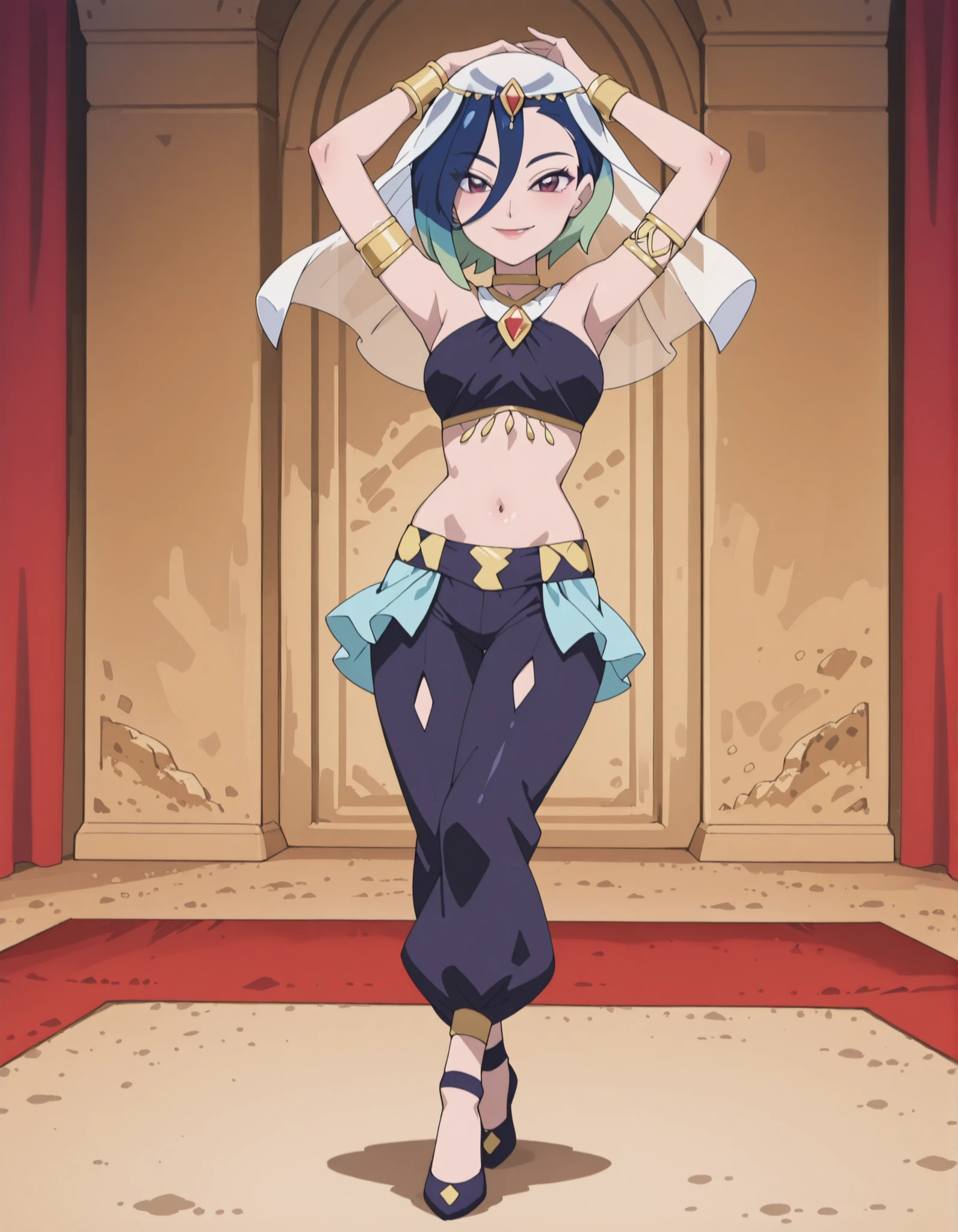 (1girl:1 . 5) , (Seul:1 . 5) , score_9 , score_8_haut , score_7_haut , source_anime , Official work , ultra-detailed , masterpiece , best quality , high resolution , beaux yeux , detailed eyes , Detailed face , beautiful detailed eyes ,Pokemon Horizons, Perrin,Arabian Clothes , Arabian Dancer ,belly dancer costume ,full body,golden jewelery,armlet, belly dancing,arabian theater,seductive smile, dancing with veil, dynamic movement,dance posture, pose