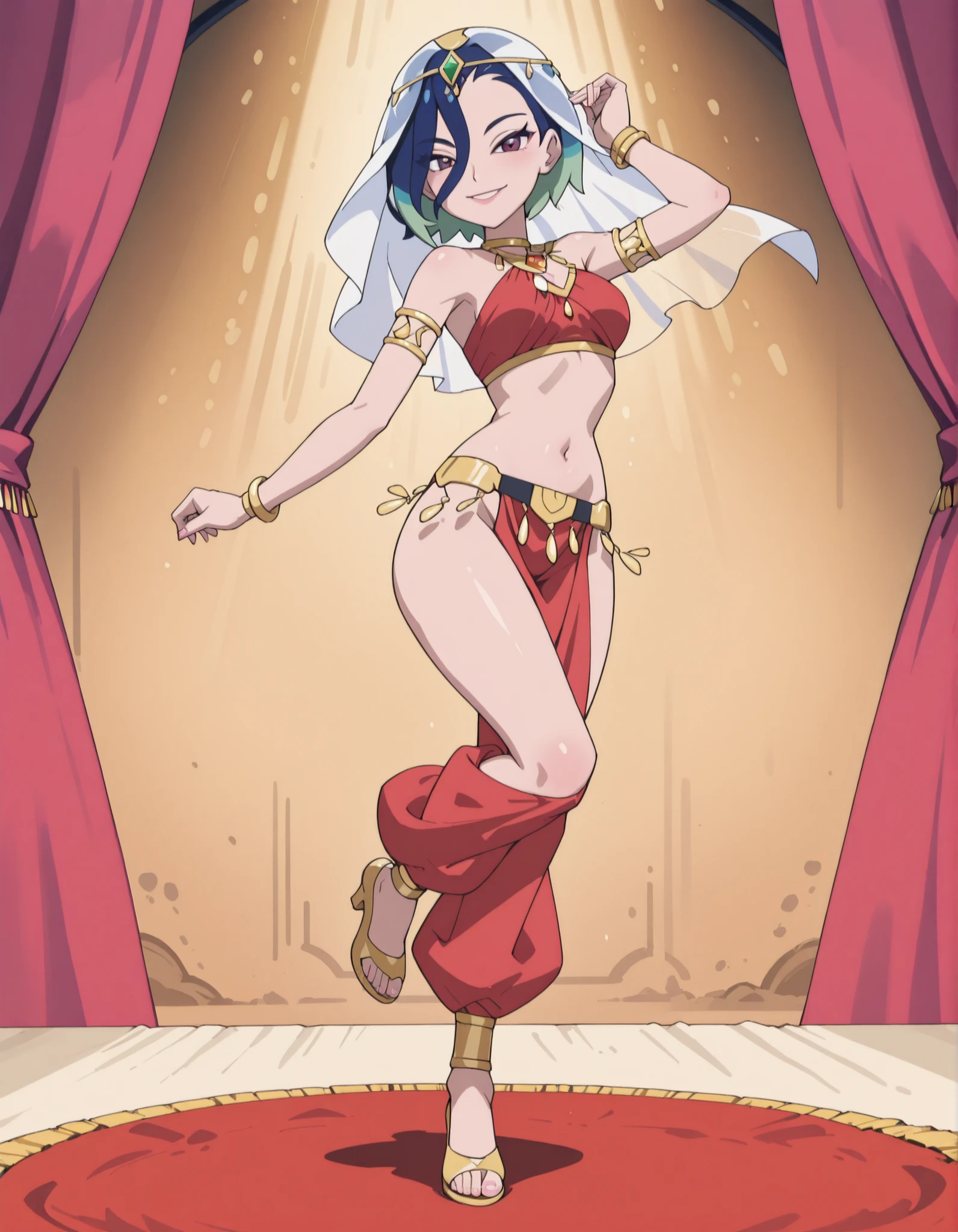 (1girl:1 . 5) , (Seul:1 . 5) , score_9 , score_8_haut , score_7_haut , source_anime , Official work , ultra-detailed , masterpiece , best quality , high resolution , beaux yeux , detailed eyes , Detailed face , beautiful detailed eyes ,Pokemon Horizons, Perrin,Arabian Clothes , Arabian Dancer ,belly dancer costume ,full body,golden jewelery,armlet, belly dancing,arabian theater,seductive smile, dancing with veil, dynamic movement,dance posture, pose