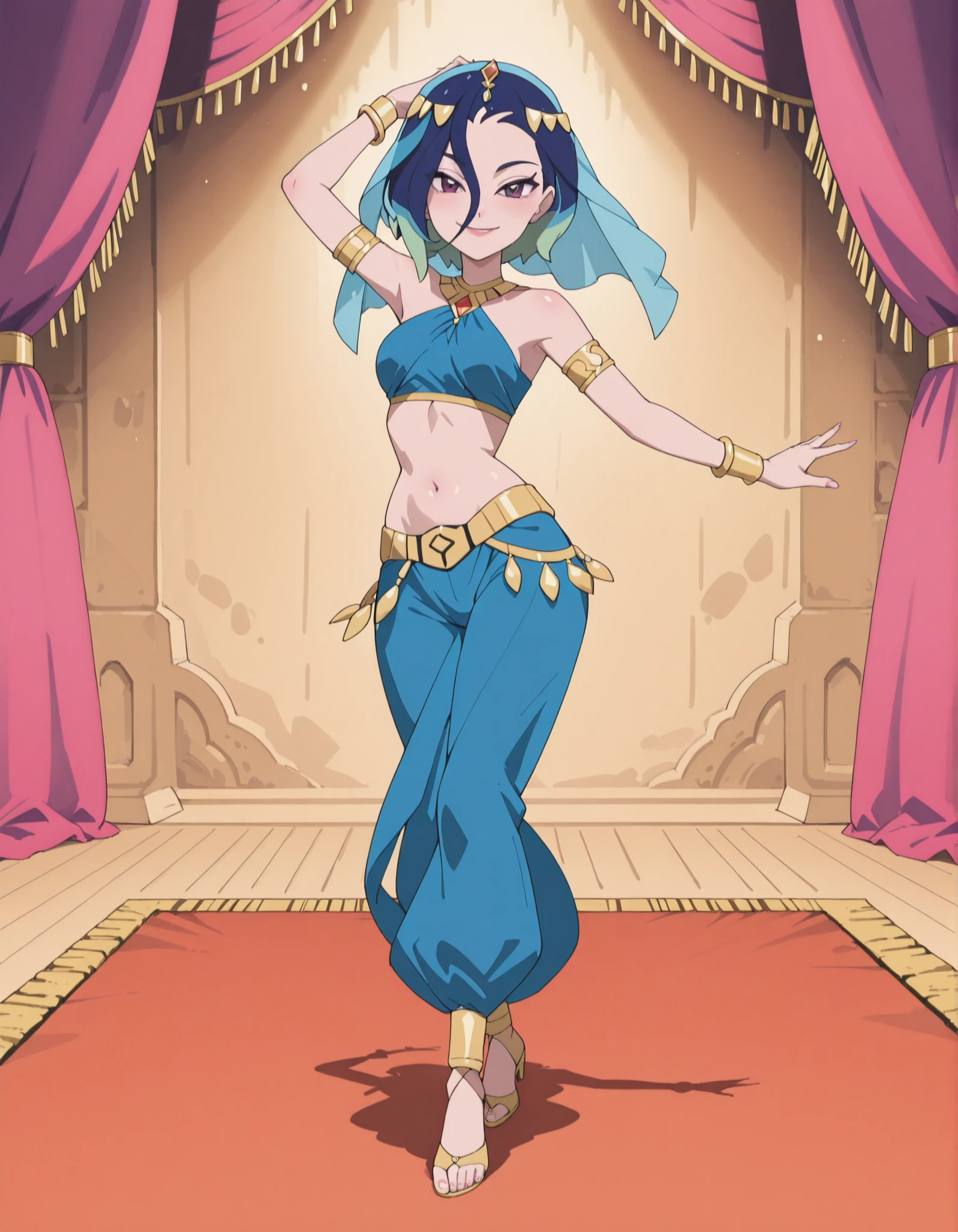 (1girl:1 . 5) , (Seul:1 . 5) , score_9 , score_8_haut , score_7_haut , source_anime , Official work , ultra-detailed , masterpiece , best quality , high resolution , beaux yeux , detailed eyes , Detailed face , beautiful detailed eyes ,Pokemon Horizons, Perrin,Arabian Clothes , Arabian Dancer ,belly dancer costume ,full body,golden jewelery,armlet, belly dancing,arabian theater,seductive smile, dancing with veil, dynamic movement,dance posture, pose