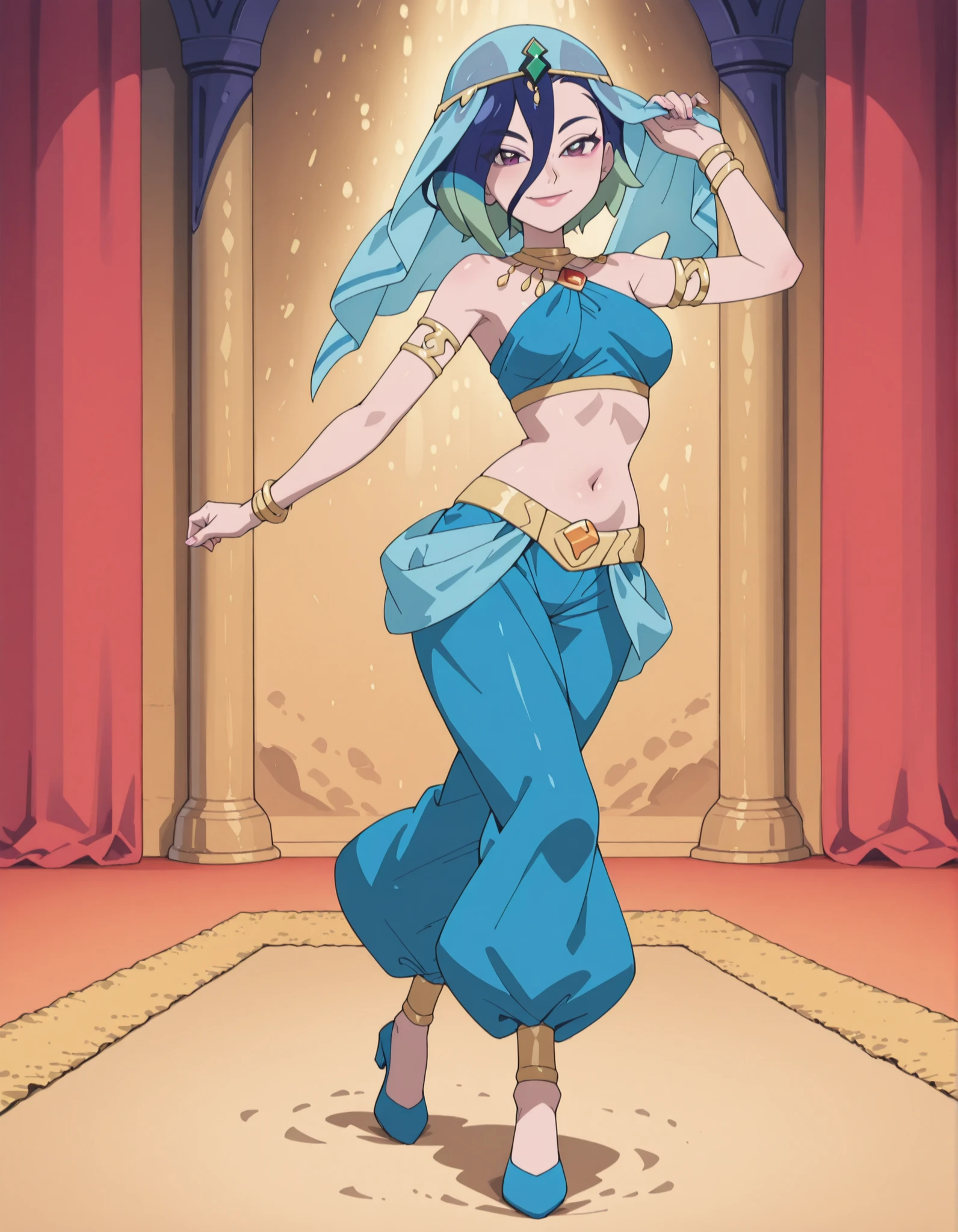 (1girl:1 . 5) , (Seul:1 . 5) , score_9 , score_8_haut , score_7_haut , source_anime , Official work , ultra-detailed , masterpiece , best quality , high resolution , beaux yeux , detailed eyes , Detailed face , beautiful detailed eyes ,Pokemon Horizons, Perrin,Arabian Clothes , Arabian Dancer ,belly dancer costume ,full body,golden jewelery,armlet, belly dancing,arabian theater,seductive smile, dancing with veil, dynamic movement,dance posture, seductive pose