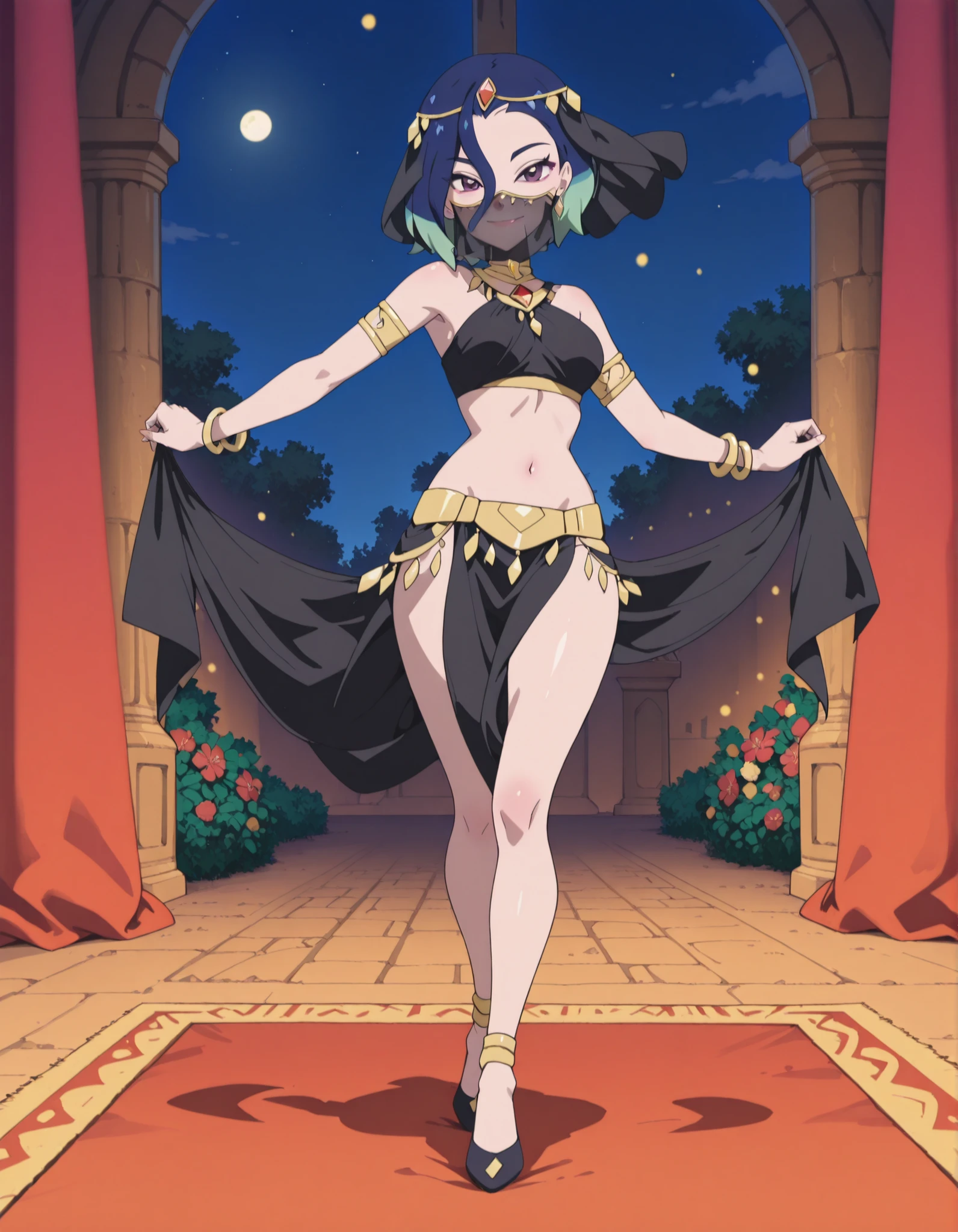 (1girl:1 . 5) , (Seul:1 . 5) , score_9 , score_8_haut , score_7_haut , source_anime , Official work , ultra-detailed , masterpiece , best quality , high resolution , beaux yeux , detailed eyes , Detailed face , beautiful detailed eyes ,Pokemon Horizons, Perrin,Arabian Clothes , Arabian Dancer ,belly dancer costume ,full body,golden jewelery,mouth veil,armlet, belly dancing,night,arabian garden,seductive smile, dancing with veil, dynamic movement,dance posture, seductive pose