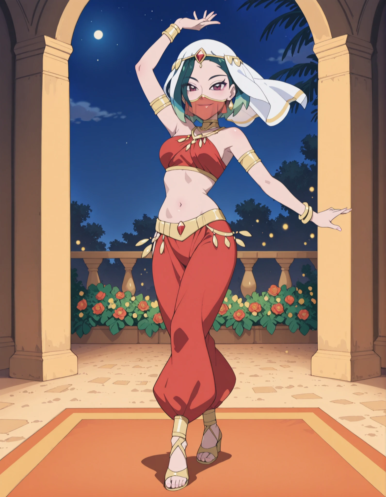 (1girl:1 . 5) , (Seul:1 . 5) , score_9 , score_8_haut , score_7_haut , source_anime , Official work , ultra-detailed , masterpiece , best quality , high resolution , beaux yeux , detailed eyes , Detailed face , beautiful detailed eyes ,Pokemon Horizons, Perrin,Arabian Clothes , Arabian Dancer ,belly dancer costume ,full body,golden jewelery,mouth veil,armlet, belly dancing,night,arabian garden,seductive smile, dancing with veil, dynamic movement,dance posture, pose