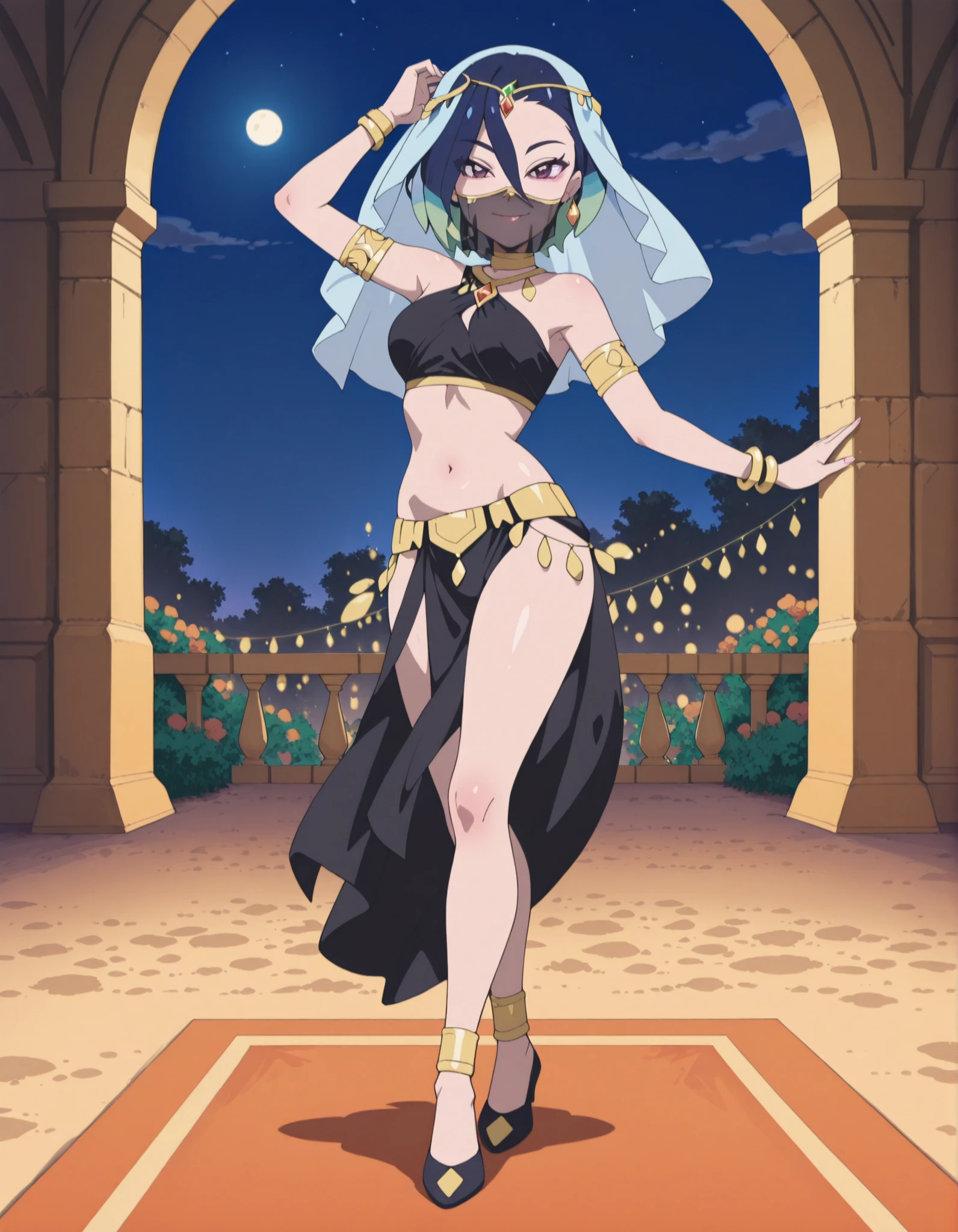 (1girl:1 . 5) , (Seul:1 . 5) , score_9 , score_8_haut , score_7_haut , source_anime , Official work  , ultra-detailed , masterpiece , best quality , high resolution , beaux yeux , detailed eyes , Detailed face , beautiful detailed eyes ,Pokemon Horizons, Perrin,Arabian Clothes , Arabian Dancer ,belly dancer costume ,full body,golden jewelery,mouth veil,armlet, belly dancing,night,arabian garden,seductive smile, dancing with veil, dynamic movement,dance posture,  pose