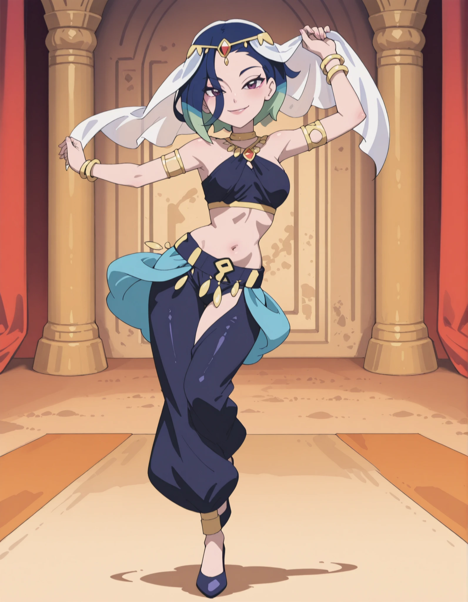 (1girl:1 . 5) , (Seul:1 . 5) , score_9 , score_8_haut , score_7_haut , source_anime , Official work , ultra-detailed , masterpiece , best quality , high resolution , beaux yeux , detailed eyes , Detailed face , beautiful detailed eyes ,Pokemon Horizons, Perrin,Arabian Clothes , Arabian Dancer ,belly dancer costume ,full body,golden jewelery,armlet, belly dancing,arabian garden,seductive smile, dancing with veil, dynamic movement,dance posture, pose