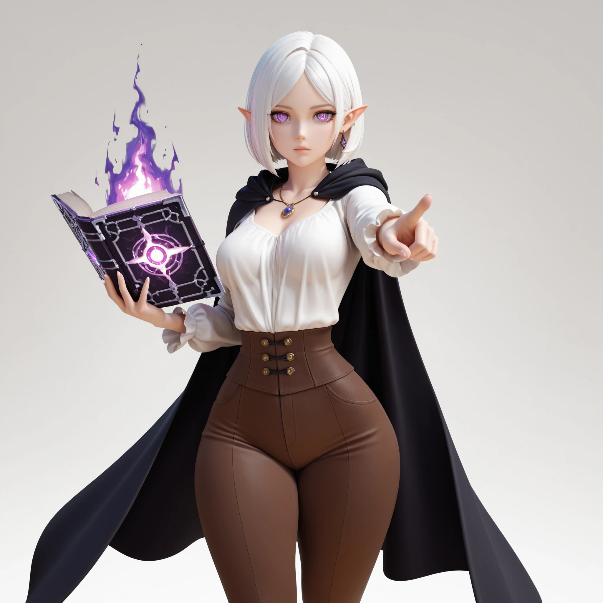 masterpiece, ultra-HD, impressionism, high detail, best quality, very aesthetic, 8K, best quality, beautiful, ultra-high resolution, 32K UHD, 3D, 1girl, solo, short white hair, parted bangs, bob cut, purple eyes, pointy ears, almond-shaped eyes, eyelashes, circled eyes, ringed eyes, glowing eyes, medium breasts, wide hips, narrow waist, thick thighs, shapely legs, slim, white blouse, brown pants, black cloak, necklace, earrings, holding a magic grimoire, expressionless, purple magic aura, purple fire, pointing at the viewer, standing, looking at the viewer, simple background, front view