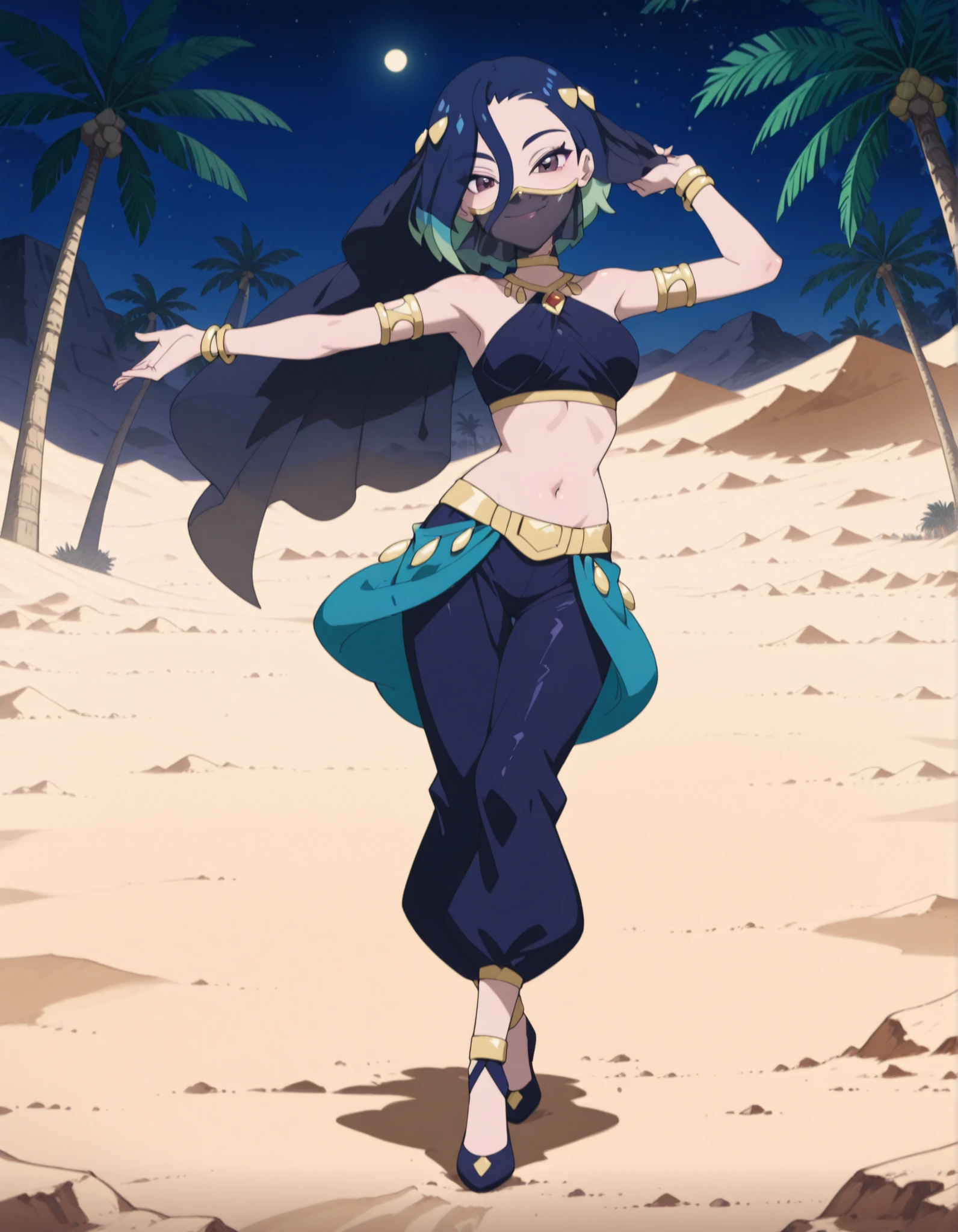 (1girl:1 . 5) , (Seul:1 . 5) , score_9 , score_8_haut , score_7_haut , source_anime , Official work , ultra-detailed , masterpiece , best quality , high resolution , beaux yeux , detailed eyes , Detailed face , beautiful detailed eyes ,Pokemon Horizons, Perrin,Arabian Clothes , Arabian Dancer ,belly dancer costume ,full body,golden jewelery,mouth veil,armlet, belly dancing,night,desert lands,palm tree,seductive smile, dancing with veil, dynamic movement,dance posture, pose