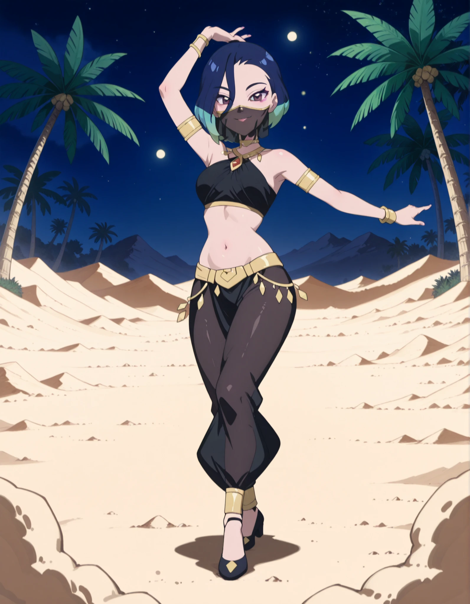 (1girl:1 . 5) , (Seul:1 . 5) , score_9 , score_8_haut , score_7_haut , source_anime , Official work , ultra-detailed , masterpiece , best quality , high resolution , beaux yeux , detailed eyes , Detailed face , beautiful detailed eyes ,Pokemon Horizons, Perrin,Arabian Clothes , Arabian Dancer ,belly dancer costume ,full body,golden jewelery,mouth veil,armlet, belly dancing,night,desert lands,palm tree,seductive smile, dancing with veil, dynamic movement,dance posture, pose