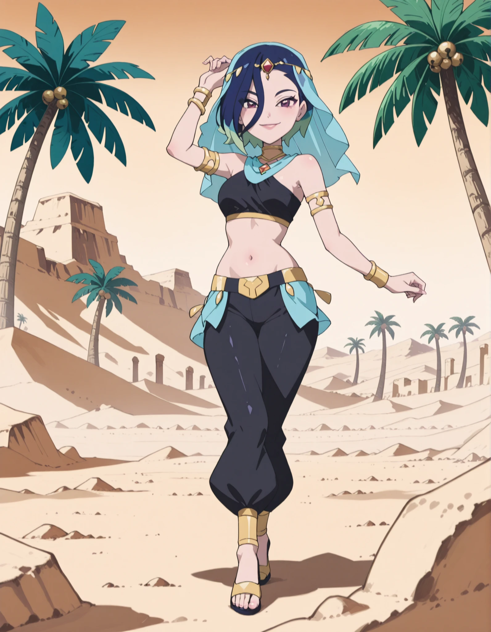 (1girl:1 . 5) , (Seul:1 . 5) , score_9 , score_8_haut , score_7_haut , source_anime , Official work , ultra-detailed , masterpiece , best quality , high resolution , beaux yeux , detailed eyes , Detailed face , beautiful detailed eyes ,Pokemon Horizons, Perrin,Arabian Clothes , Arabian Dancer ,belly dancer costume ,full body,golden jewelery,armlet, belly dancing,desert lands,palm tree,seductive smile, dancing with veil, dynamic movement,dance posture, pose
