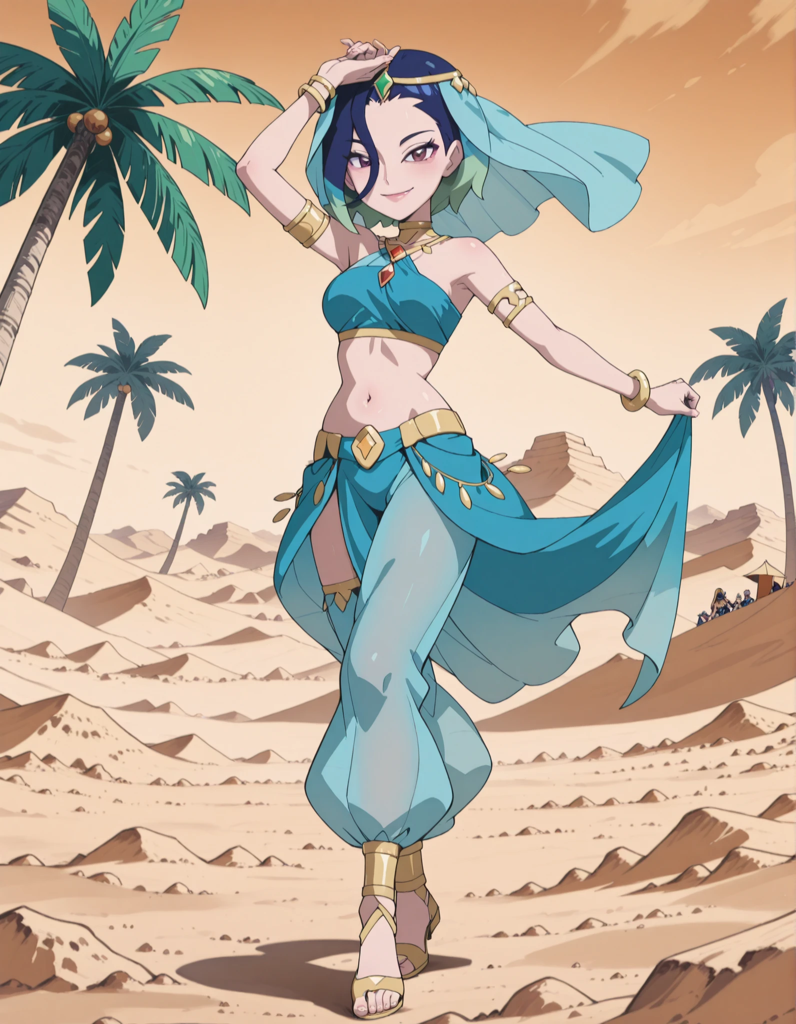 (1girl:1 . 5) , (Seul:1 . 5) , score_9 , score_8_haut , score_7_haut , source_anime , Official work , ultra-detailed , masterpiece , best quality , high resolution , beaux yeux , detailed eyes , Detailed face , beautiful detailed eyes ,Pokemon Horizons, Perrin,Arabian Clothes , Arabian Dancer ,belly dancer costume ,full body,golden jewelery,armlet, belly dancing,desert lands,palm tree,seductive smile, dancing with veil, dynamic movement,dance posture, pose