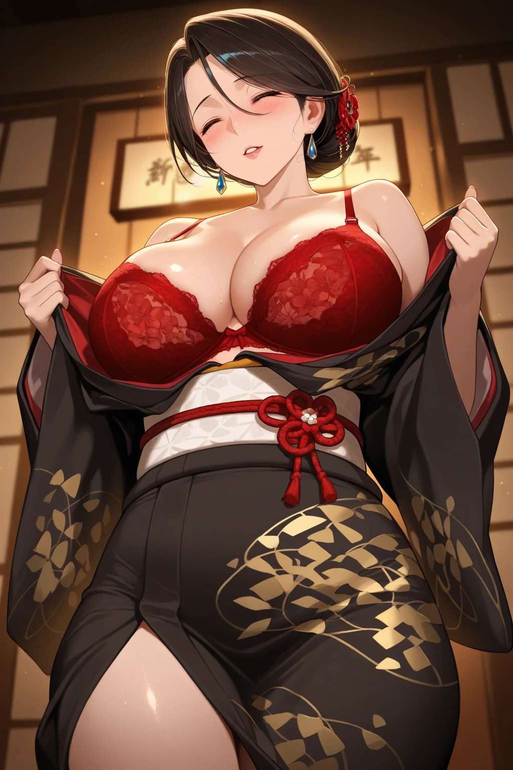 kimono pale skin 1 girl black hair yellow eyes bodybuilder ???????????? muscular toned body