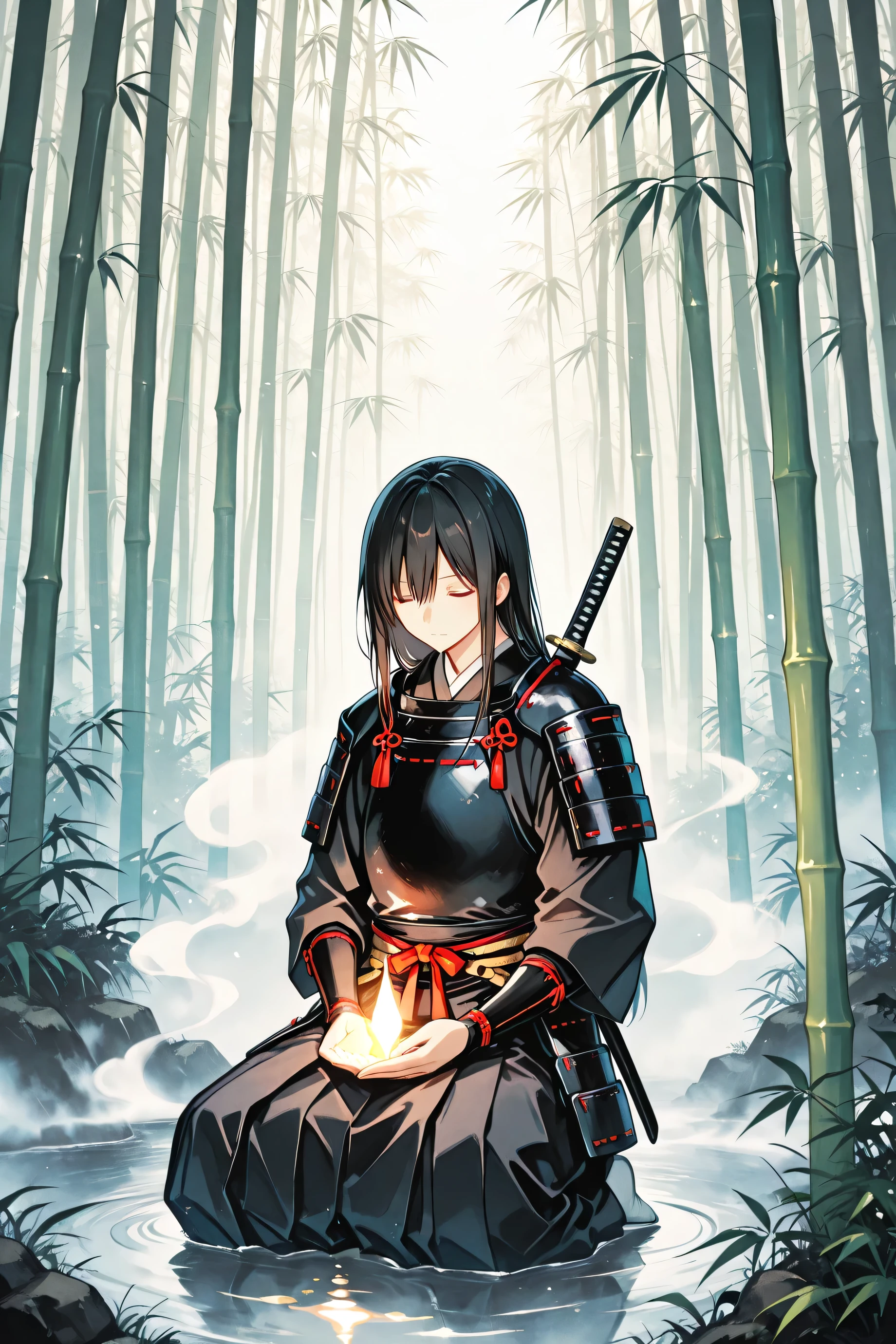 samurai, kneel, bamboo forest, Fog Background, Traditional Armor , knives, meditation, natural light, Japan's aesthetic sense, digital ink painting, tree々sunlight shining in between, Tranquil Mood, Super Detailed, brushwork texture, 4K, masterpiece