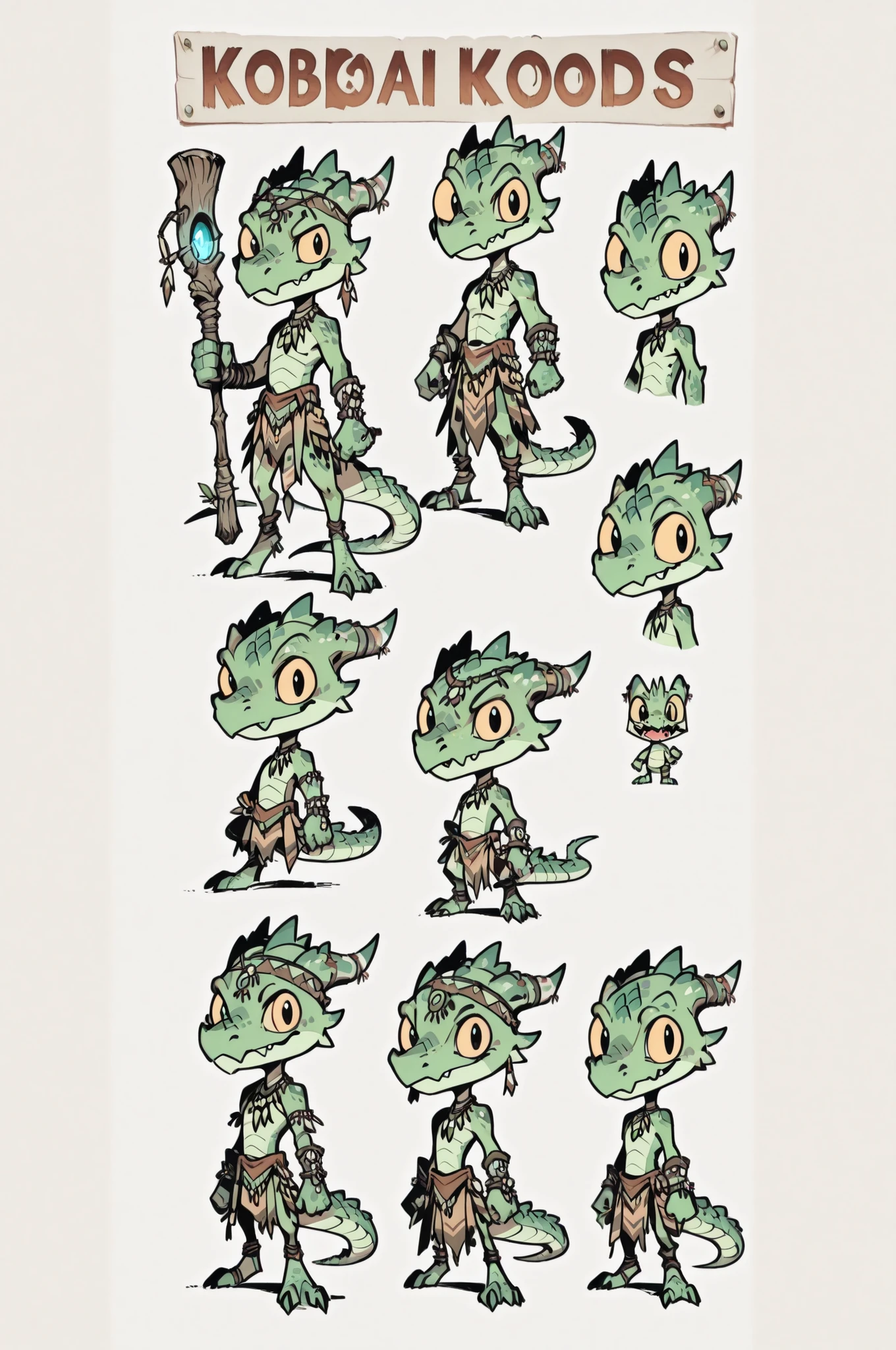 Three( male,green skin, green scales, (((Kobold)), (detailed kobold)) wearing a witch tools, a tribal clothes, character design, toon style, chibi