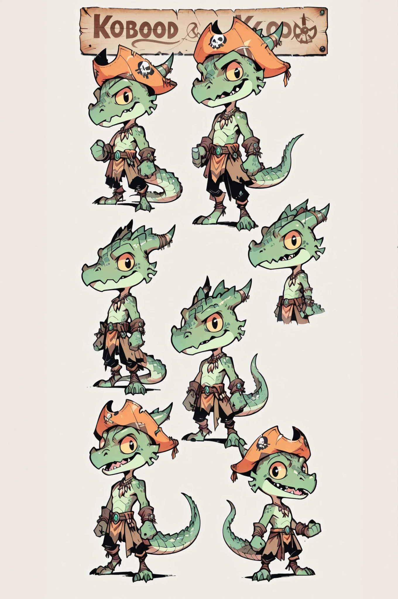Three( male,green skin, green scales, (((Kobold)), (detailed kobold)) wearing a pirate tools, a tribal clothes, magic around then character design, toon style, chibi