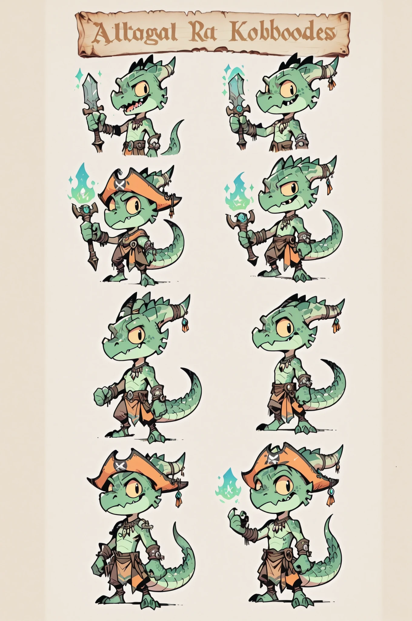 Three( male,green skin, green scales, (((Kobold)), (detailed kobold)) wearing a pirate tools, a tribal clothes, magic around then character design, toon style, chibi