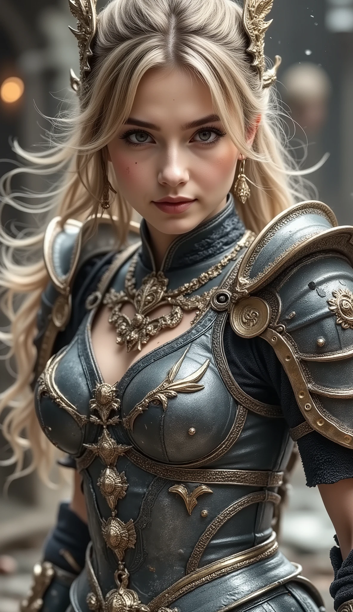(Best Quality,4K,8k,high definition,masterpiece:1.2),Super Detail,(photo;1.3)、 ((full body):1.3), ((detailed eyes):1.3),((Fresh)), A woman in gladiator armor、blonde hair、((has a gorgeous large sword:1.4))、((Legendary Sword))、((Fighting the Dragon:1.4))、(realistic dragons:1.5)、Highlight the large sword、gold hair accessories、Beautiful Abs, emphasizes light,Fighting the Dragon, Shadow and space