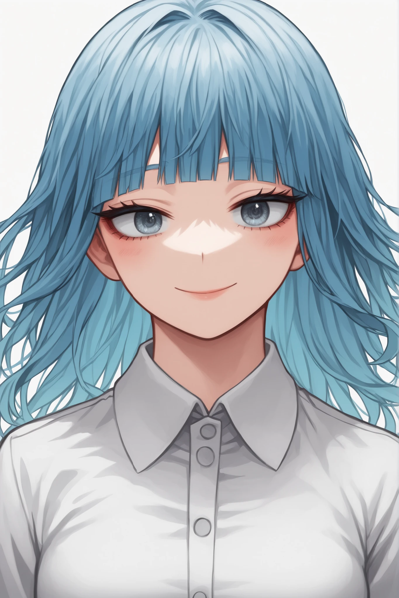 masterpiece, best quality, 1girl, solo, horikoshi kohei style, cool beauty, gentle smile, serene smile, enchanting smile, dreamy expression, layered hair, hime cut, ash blue hair, grey eyes, perfect face, perfect eyes, looking at viewer, (cool:1.2), (sexy:0.6), (cute:0.3), white shirt, collared shirt, long sleeves, elegant, sophisticated, detailed eyes, detailed hair, anime style, manga style, my hero academia style, soft gaze, charming, alluring, graceful smile