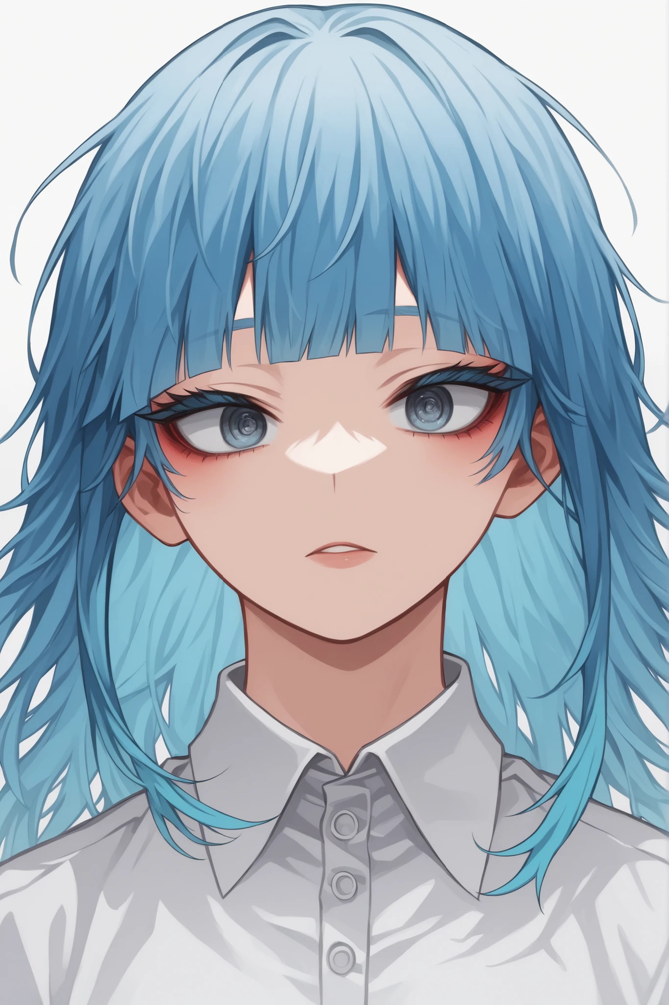 masterpiece, best quality, 1girl, solo, horikoshi kohei style, cool beauty, blank expression, dreamy, absent minded, dazed look, layered hair, hime cut, ash blue hair, grey eyes, perfect face, perfect eyes, looking at viewer, (cool:1.2), (sexy:0.6), (cute:0.3), white shirt, collared shirt, long sleeves, elegant, sophisticated, detailed eyes, detailed hair, anime style, manga style, my hero academia style, soft gaze, distant look