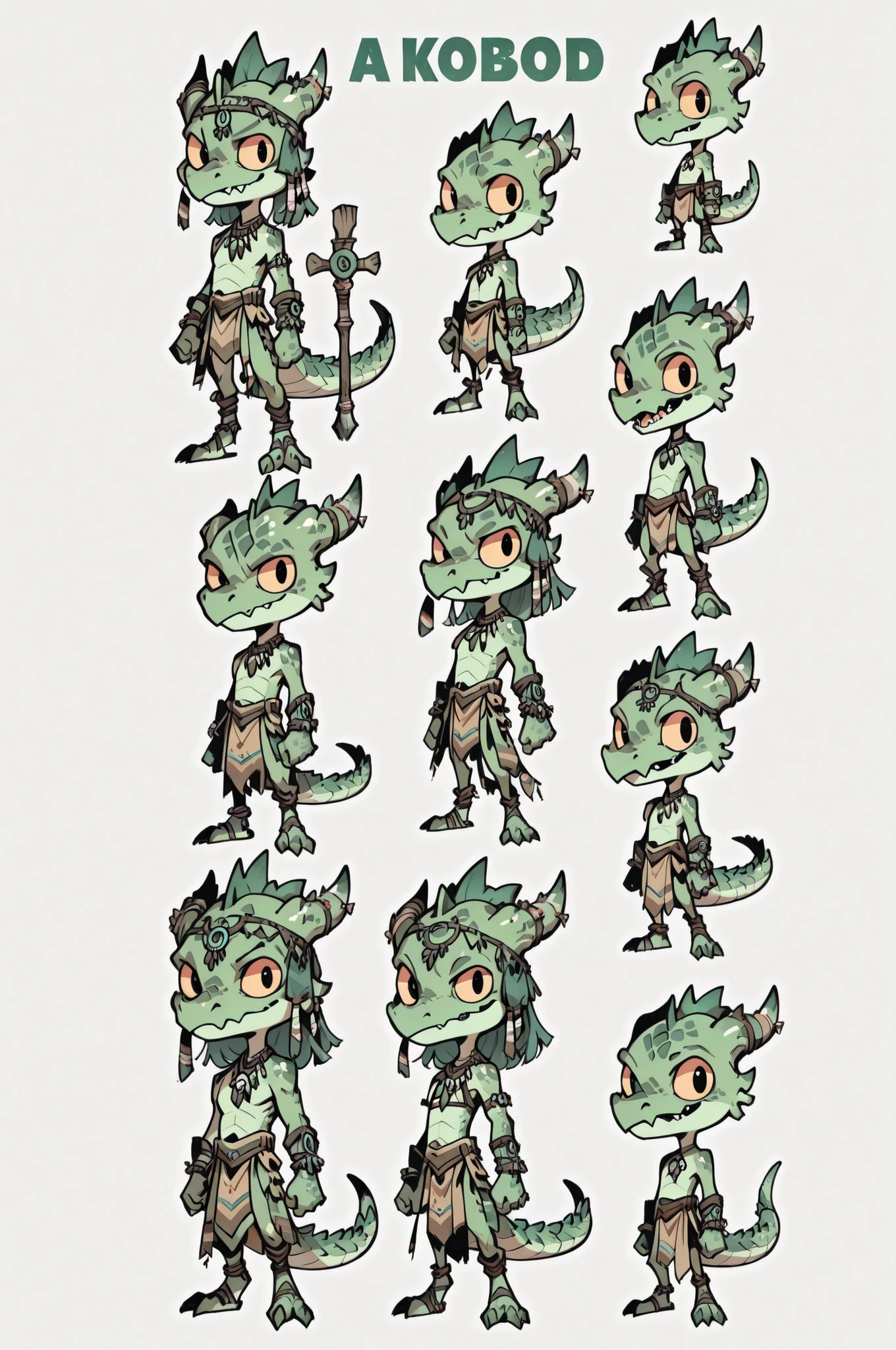 Three( male,green skin, green scales, (((Kobold)), (detailed kobold)) wearing a priest tools, a tribal clothes, character design, toon style, chibi