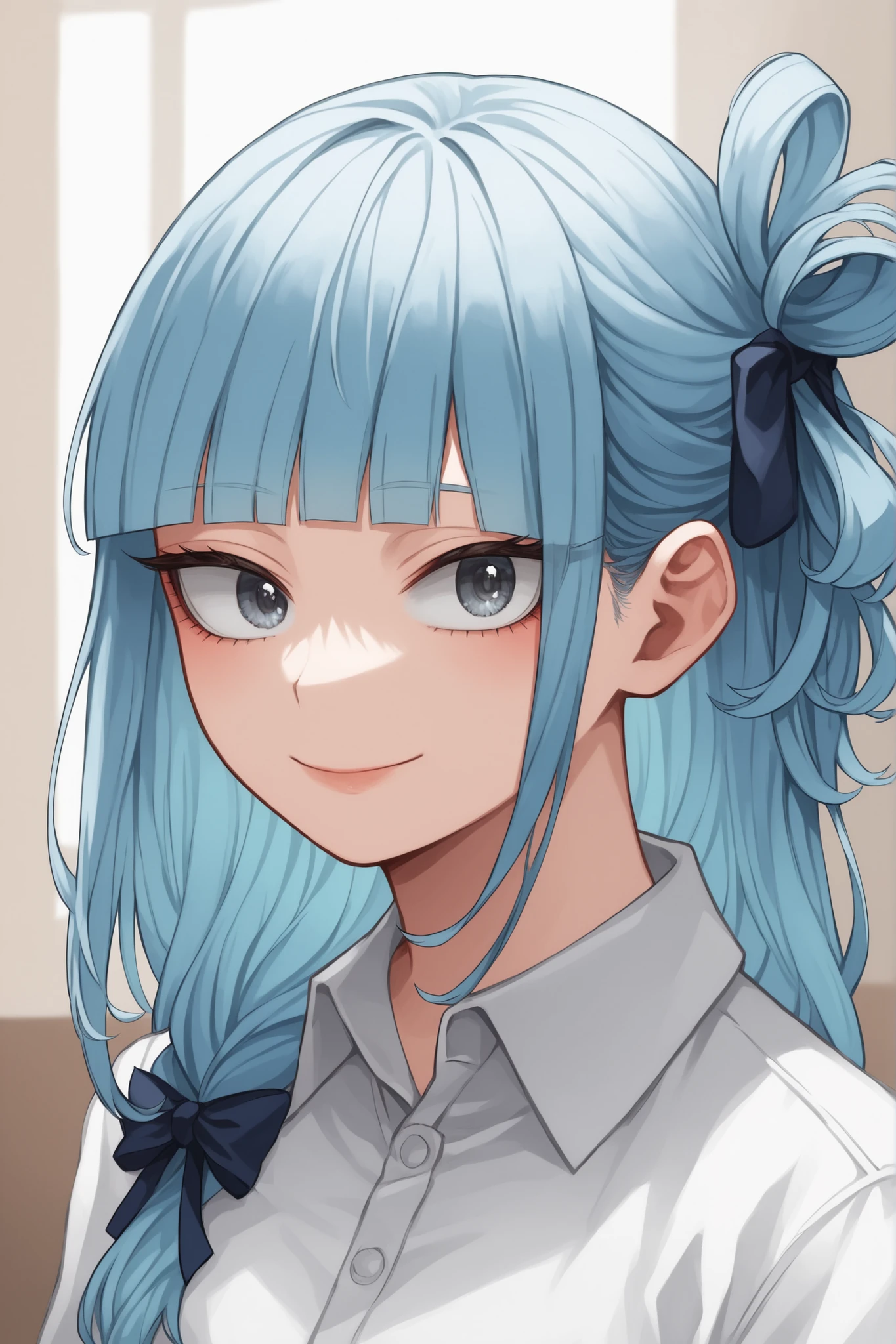 masterpiece, best quality, 1girl, solo, horikoshi kohei style, cool beauty, gentle smile, serene smile, enchanting smile, dreamy expression, side ponytail, hair ribbon, layered hair, hime cut bangs, ash blue hair, grey eyes, perfect face, perfect eyes, looking at viewer, (cool:1.0), (sexy:0.6), (cute:0.8), white shirt, collared shirt, long sleeves, elegant, sophisticated, detailed eyes, detailed hair, anime style, manga style, my hero academia style, soft gaze, charming, alluring, graceful smile