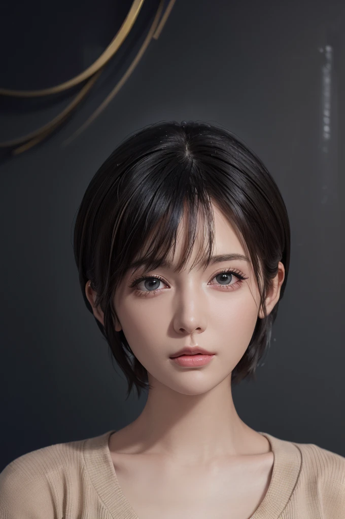 (masterpiece:1.3), (8k, photorealistic, RAW photo, best quality: 1.4), (1girl), beautiful face, (realistic face), (black hair, short hair:1.3), beautiful hairstyle, realistic eyes, beautiful detailed eyes, (realistic skin), beautiful skin, (sweater), absurdres, attractive, ultra high res, ultra realistic, highly detailed, golden ratio