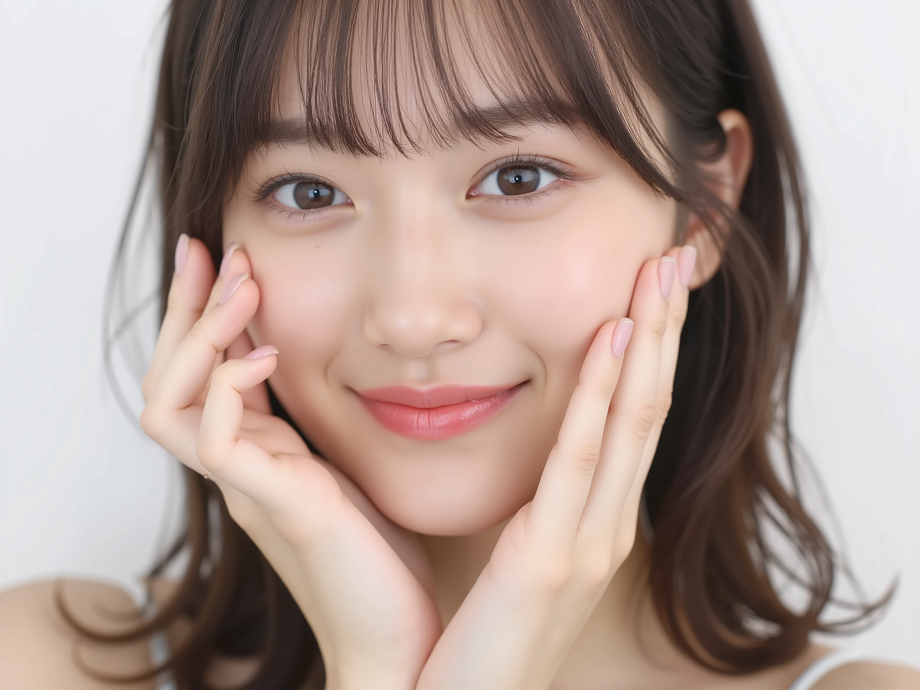 (Refined from an old photo, recreated in a modern, ultra high-quality photorealistic style, with a trendy Reiwa-era hairstyle: soft semi-long hair with natural waves and airy see-through bangs),
Ultra photorealistic close-up portrait of a beautiful Japanese woman,
upper-body shot, wearing a black outfit (completely out of frame, not visible),
shoulders and collarbone softly exposed,
both hands pressing her cheeks in a shy, lovestruck pose,
sparkling eyes gazing dreamily at the viewer with overwhelming affection,
cheeks blushing deeply with a sweet reddish glow,
soft glossy lips curved into a bright, full, lovestruck smile,
expression melting with love, playful, dreamy, adorably bashful,
purely cute and lovestruck, overflowing with affection and warmth,
realistic skin with detailed pores, subtle freckles, natural uneven tones,
tiny imperfections for realism, soft peach fuzz visible,
hair rendered with individual strands, slightly messy flow, natural matte shine,
soft diffused cinematic lighting, natural depth,
background pure white with gentle blur,
(masterpiece, best quality, high resolution, intimate romantic close-up, cinematic magazine cover style)