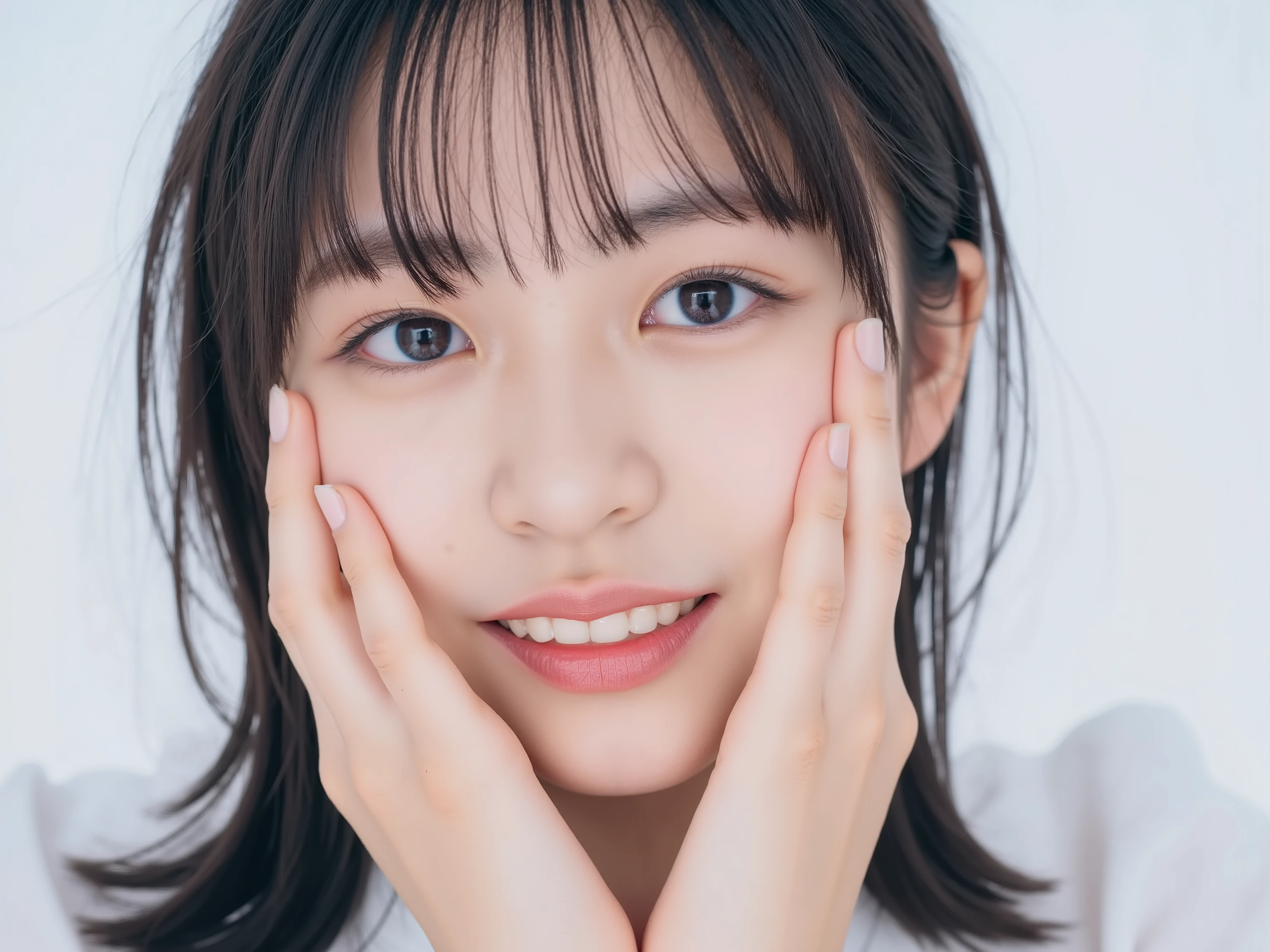 (Refined from an old photo, recreated in a modern, ultra high-quality photorealistic style, with a trendy Reiwa-era hairstyle: soft semi-long hair with natural waves and airy see-through bangs),
Ultra photorealistic close-up portrait of a beautiful Japanese woman,
upper-body shot, wearing a black outfit (completely out of frame, not visible),
shoulders and collarbone softly exposed,
both hands pressing her cheeks in a shy, lovestruck pose,
sparkling eyes gazing dreamily at the viewer with overwhelming affection,
cheeks blushing deeply with a sweet reddish glow,
soft glossy lips curved into a bright, full, lovestruck smile,
expression melting with love, playful, dreamy, adorably bashful,
purely cute and lovestruck, overflowing with affection and warmth,
realistic skin with detailed pores, subtle freckles, natural uneven tones,
tiny imperfections for realism, soft peach fuzz visible,
hair rendered with individual strands, slightly messy flow, natural matte shine,
soft diffused cinematic lighting, natural depth,
background pure white with gentle blur,
(masterpiece, best quality, high resolution, intimate romantic close-up, cinematic magazine cover style)