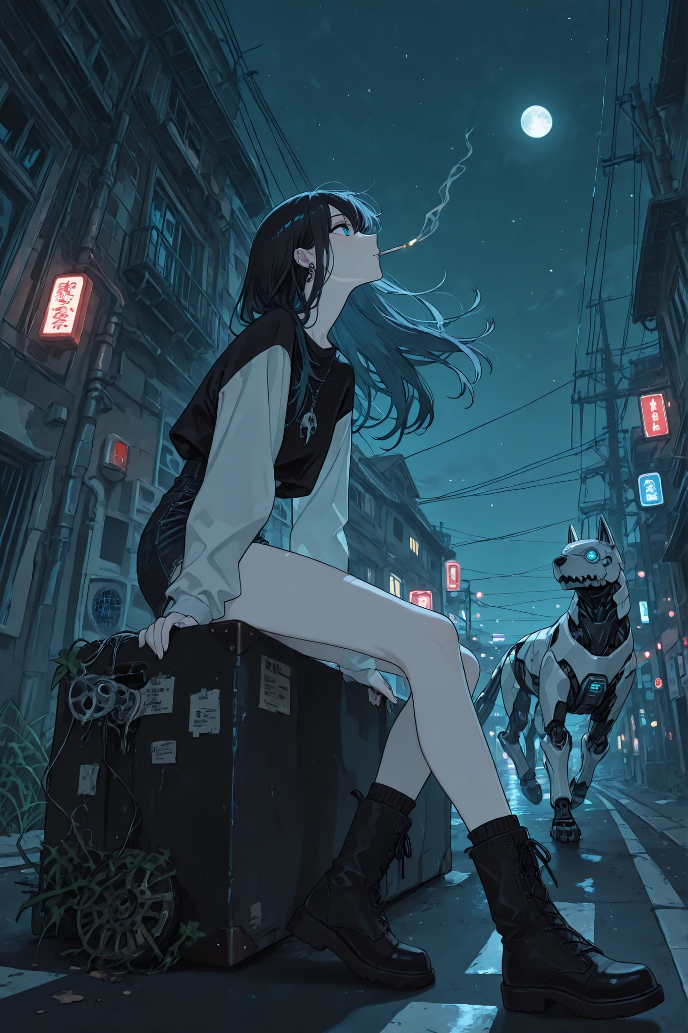 (masterpiece, better quality, ultra-detailed, anime style, illustration, fantasy art) outside: Sits with a straight back, head thrown back to the sky, Sits on the curb, long hair, Dark-haired girl, hair develops in the wind, piercing blue eyes , long lashes, looking at the moon , Glass retina, black, like pitch , hair develops in the wind , pale skin, Glass retina, slim body, white leather, Sits on the curb by the road, , next to her is an ultra-detailed robotic dog with open gears (robot dog) , outside night, street, full moon, heavy boots with spikes, fragile figure, exhales smokes cigarettes, shine, better quality, wearing black short shorts with a side chain and a black top ( , black denim shorts and a black top), Glass retina, fireflies and magic lights, sight below, sight below, shy, profile, focus on her eyes, Retinal details, darkness reigns around, rays shine from above, outside