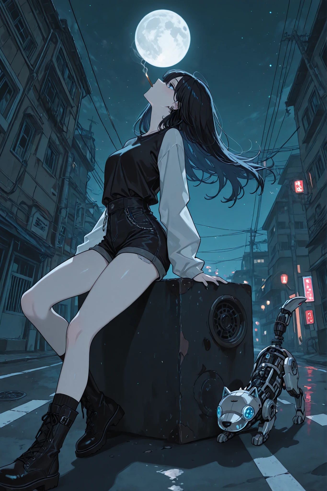 (masterpiece, better quality, ultra-detailed, anime style, illustration, fantasy art) outside: Sits with a straight back, head thrown back to the sky, Sits on the curb, long hair, Dark-haired girl, hair develops in the wind, piercing blue eyes , long lashes, looking at the moon , Glass retina, black, like pitch , hair develops in the wind , pale skin, Glass retina, slim body, white leather, Sits on the curb by the road, , next to her is an ultra-detailed robotic dog with open gears (robot dog) , outside night, street, full moon, heavy boots with spikes, fragile figure, exhales smokes cigarettes, shine, better quality, wearing black short shorts with a side chain and a black top ( , black denim shorts and a black top), Glass retina, fireflies and magic lights, sight below, sight below, shy, profile, focus on her eyes, Retinal details, darkness reigns around, rays shine from above, outside
