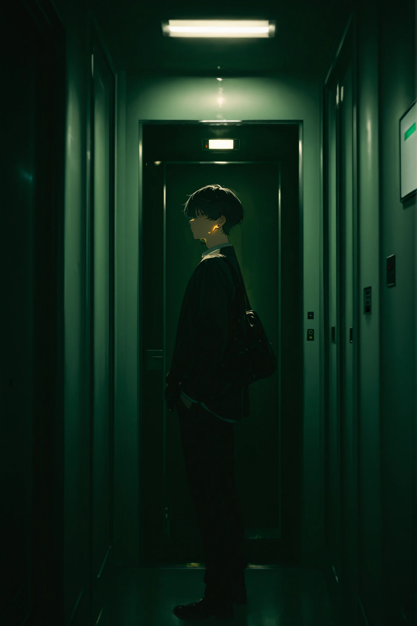 dark room young man studying by the light of an electric lamp His face seems to be invisible angle from behind in the elevator hall