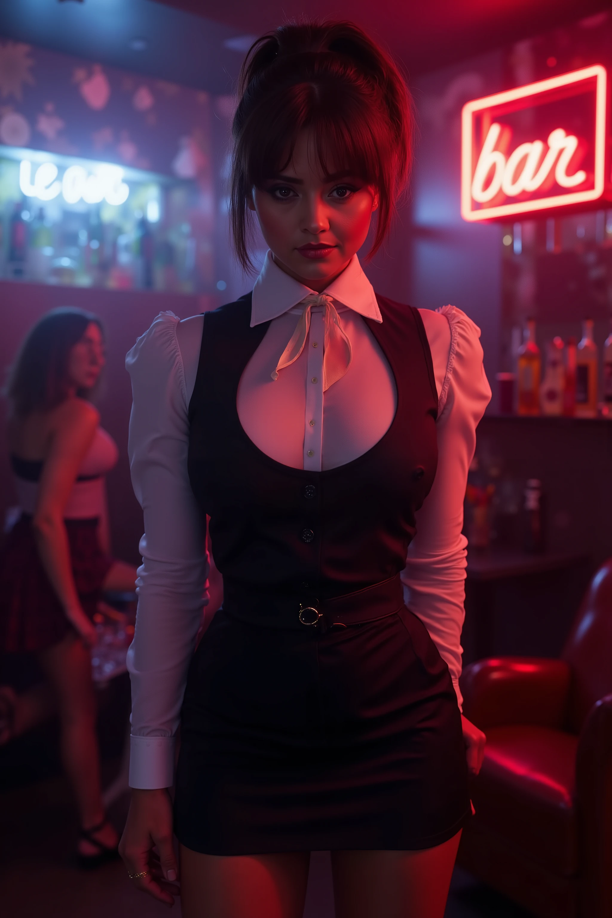 stiff waitress uniform, All buttons are closed, wear a vest over a shirt, kurze Krawatte, tight pencil skirt, Thighs in pantyhose.
The dimly lit high-end bar late in of the night, bottles strung on the wall.
Neonschild, das liest "Bar".
It is a bar with a nightclub atmosphere, Tische und Sofas, neon tubes for interior decoration.
super beautiful Japanese woman, looks like an intimidating dominatrix, geschlossener Mund, condescending look, staring at the viewer, Make-up, Lidschatten, Eyeliner, long false eyelashes, hellrote Lippen, kurzer, hoher Pferdeschwanz, glamorous body.
There are several women in beautiful clothes.
Highest quality, Meisterwerk, bunt zu behalten.