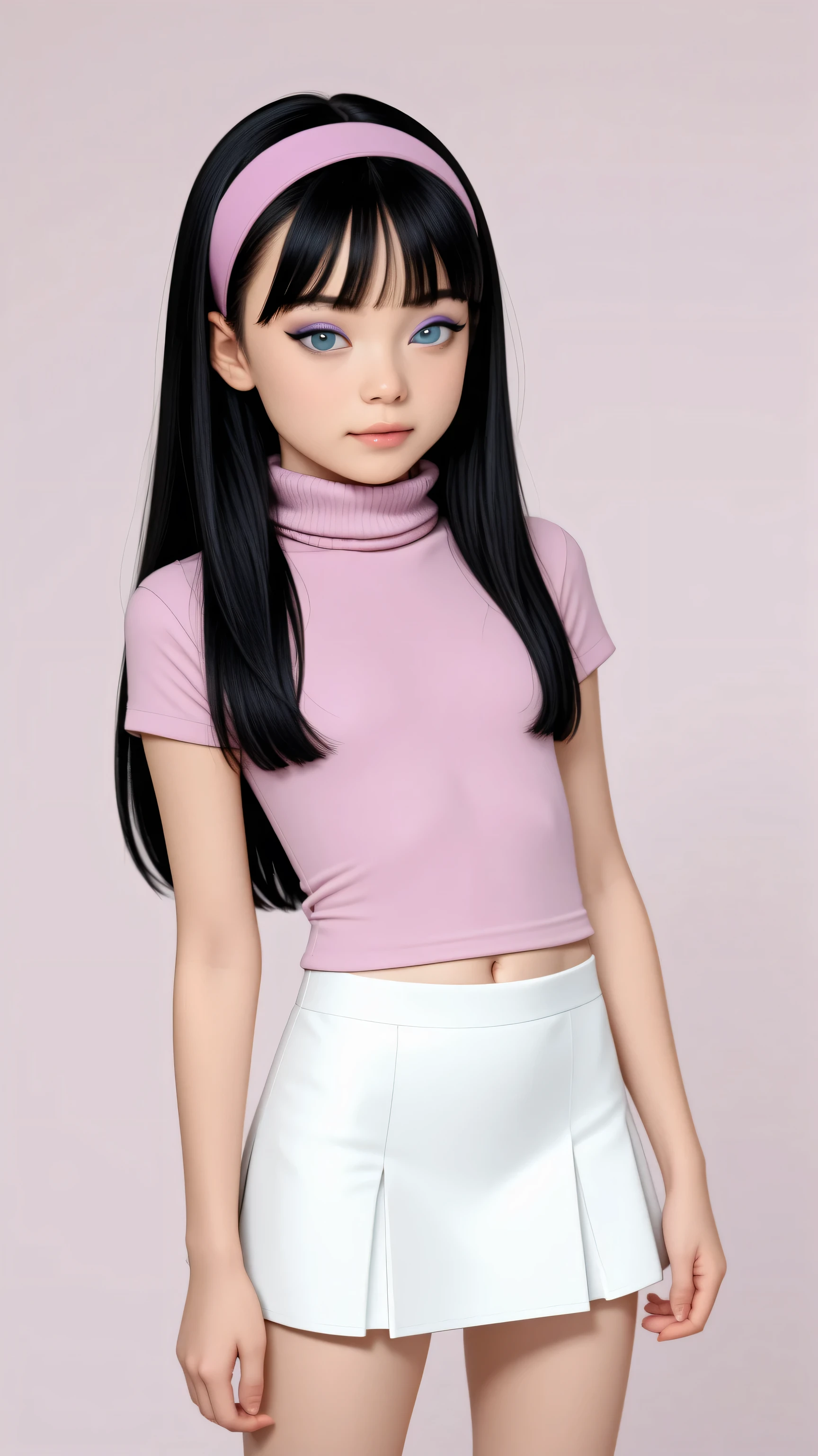 1girl, Solo, High Resolution, Accurate, Best Quality, High Details, High Quality, Black Hair, Bangs, Long Hair, pink headband, blue eyes, pink turtleneck sweater with short sleeves, eyeshadow, white miniskirt, very young, preteen