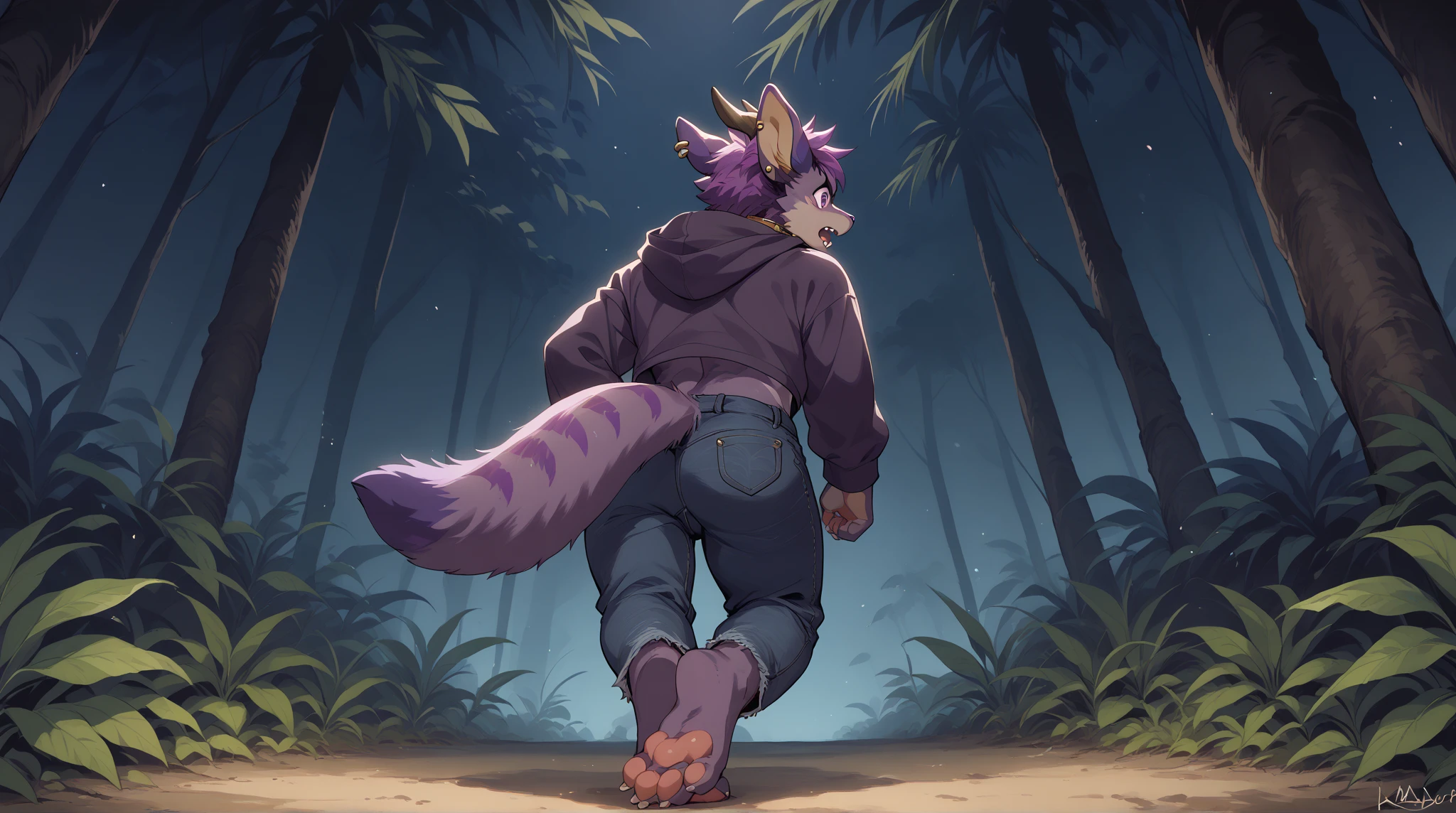 leezpunk, yellow sclera, reptilian, purple scaly skin, tail, tall and curvy body, medium breasts, female, 4k, hi res, ((detailed face, detailed)), by hioshiru, by fumiko, by hyattlen, looking at viewer, , , wearing only black hoodie, outdoors, on the ground, , rear view, nervous, mouth open