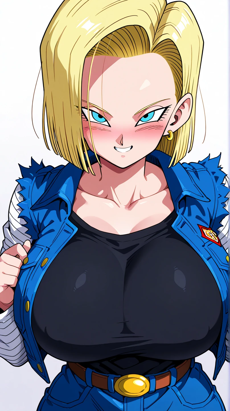 Masterpiece, detailed, high quality, high resolution, detailed face, 1girl, solo, blushing, smiling shyly, beautiful face, appealing look, Android 18 (Dragon ball Z), huge breasts, android 18, zzAndroid18, blue eyes, blonde hair, short hair, jacket, denim, denim jacket, black top underneath, jewelry, earrings, long sleeves, shirt, skirt, belt, stripes, upper half body, looking at the viewer, facing viewer, plain white background 